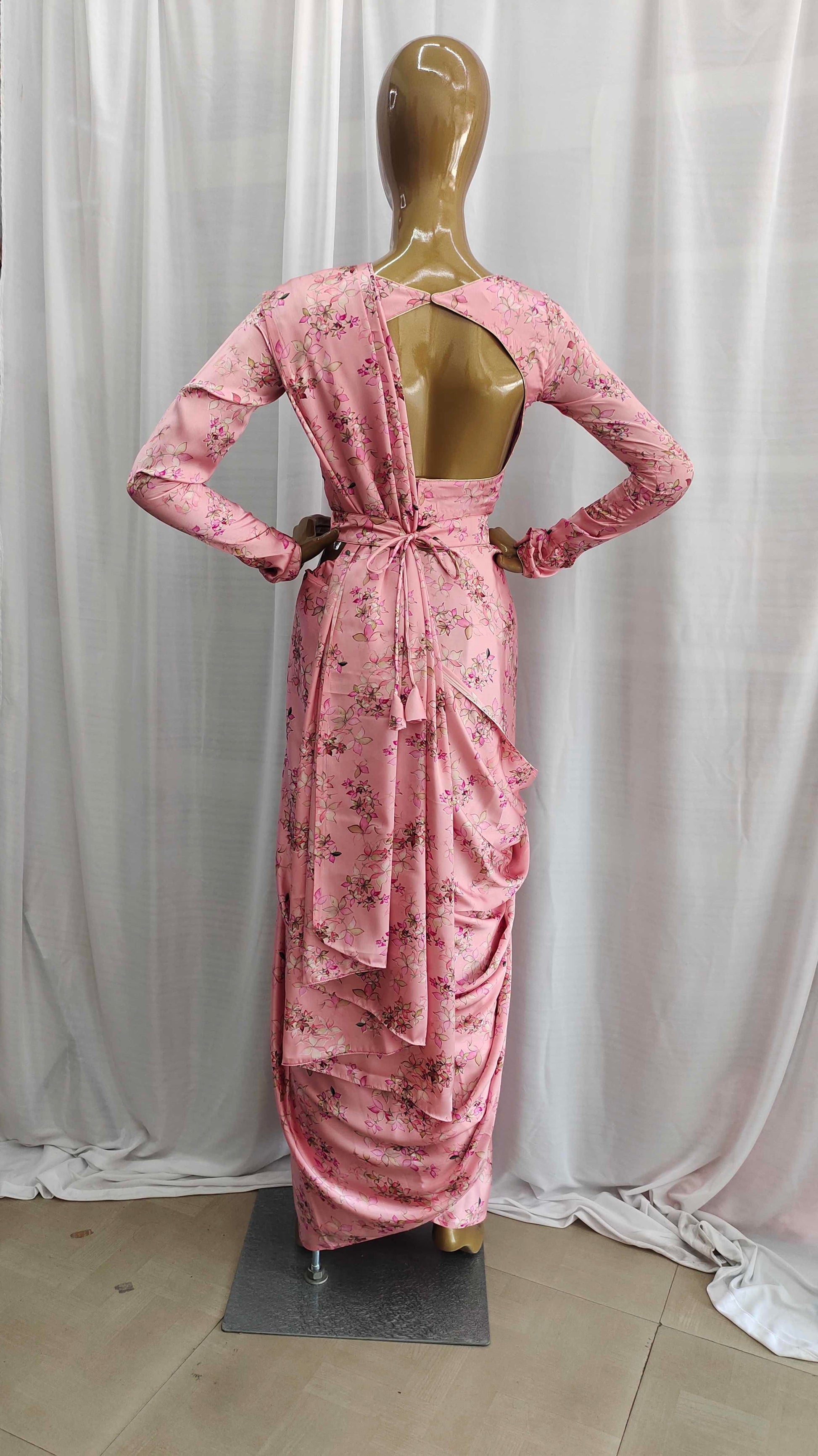 Stylish Pink Peach Satin Silk Floral Printed Saree