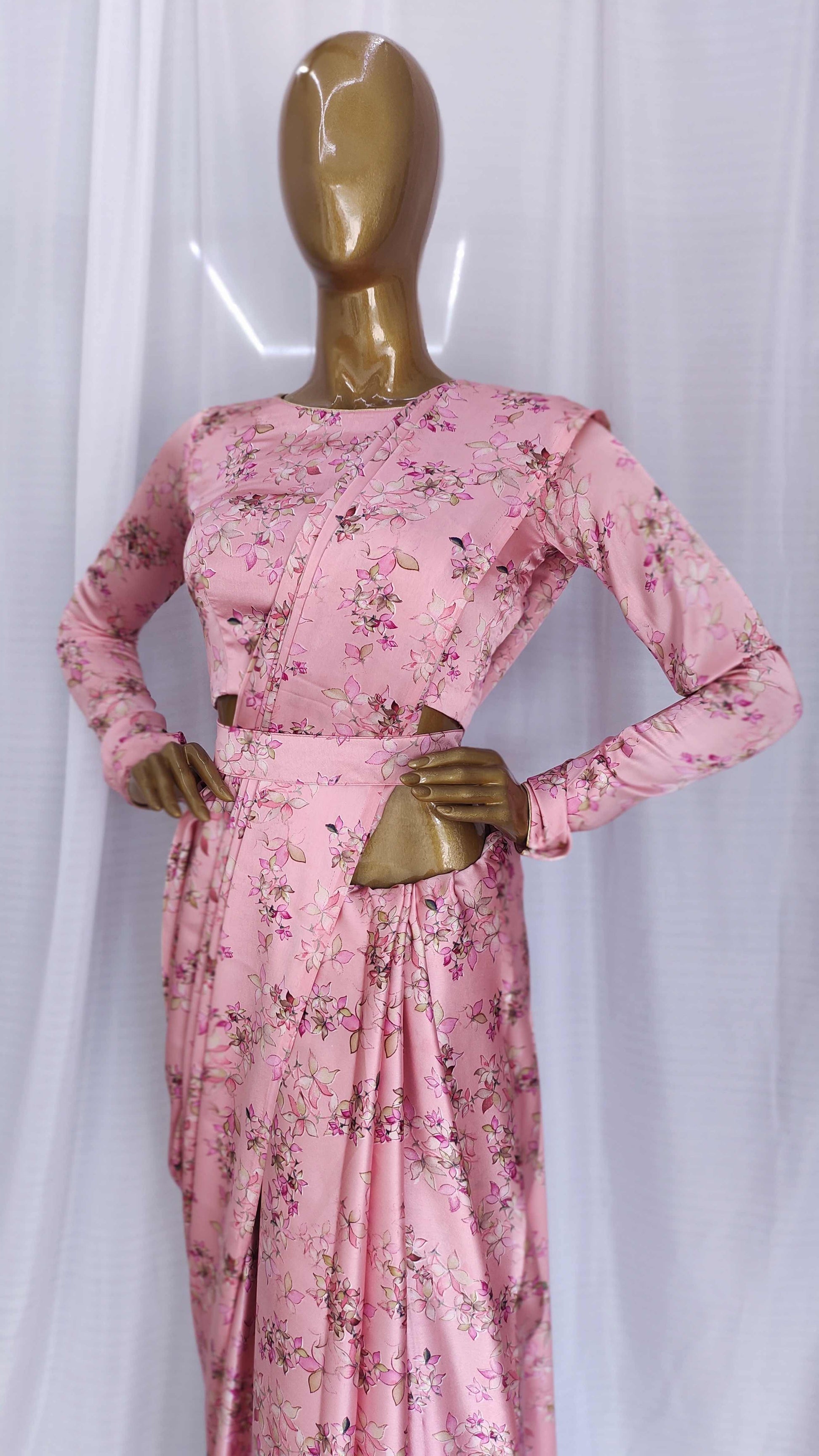 Stylish Pink Peach Satin Silk Floral Printed Saree