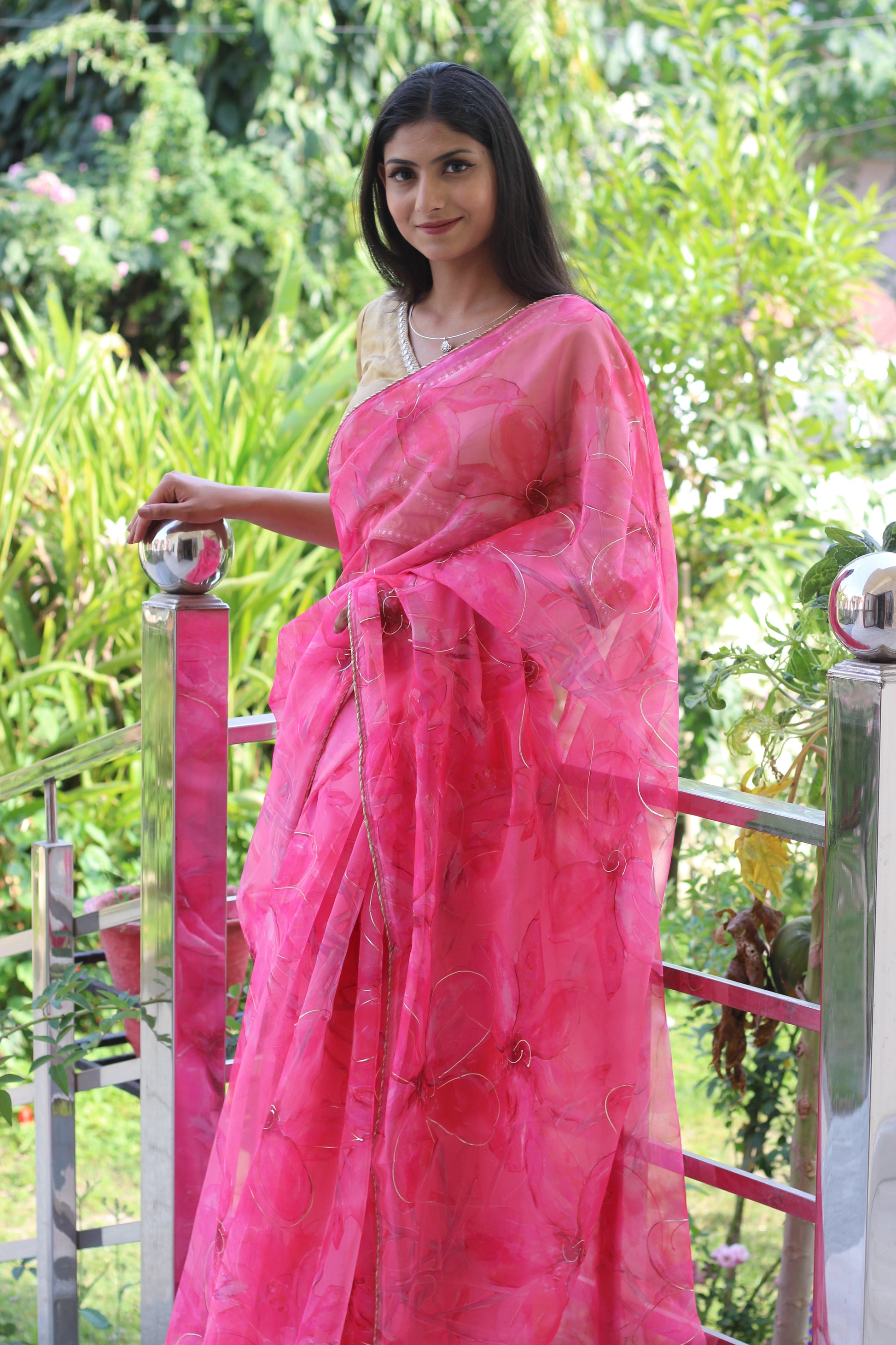 Captivating Pink Printed Organza Saree Floral
