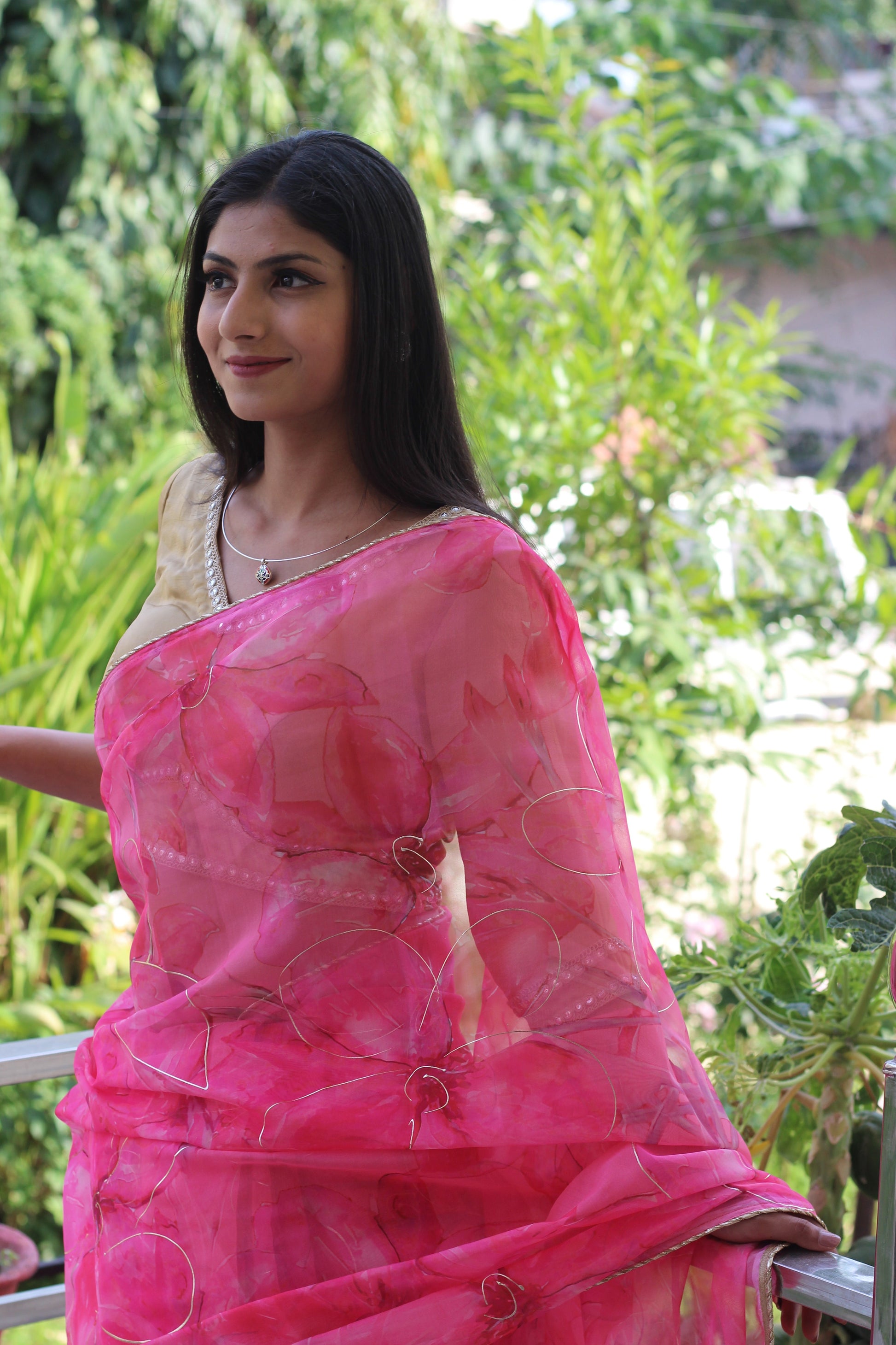 Captivating Pink Printed Organza Saree Floral
