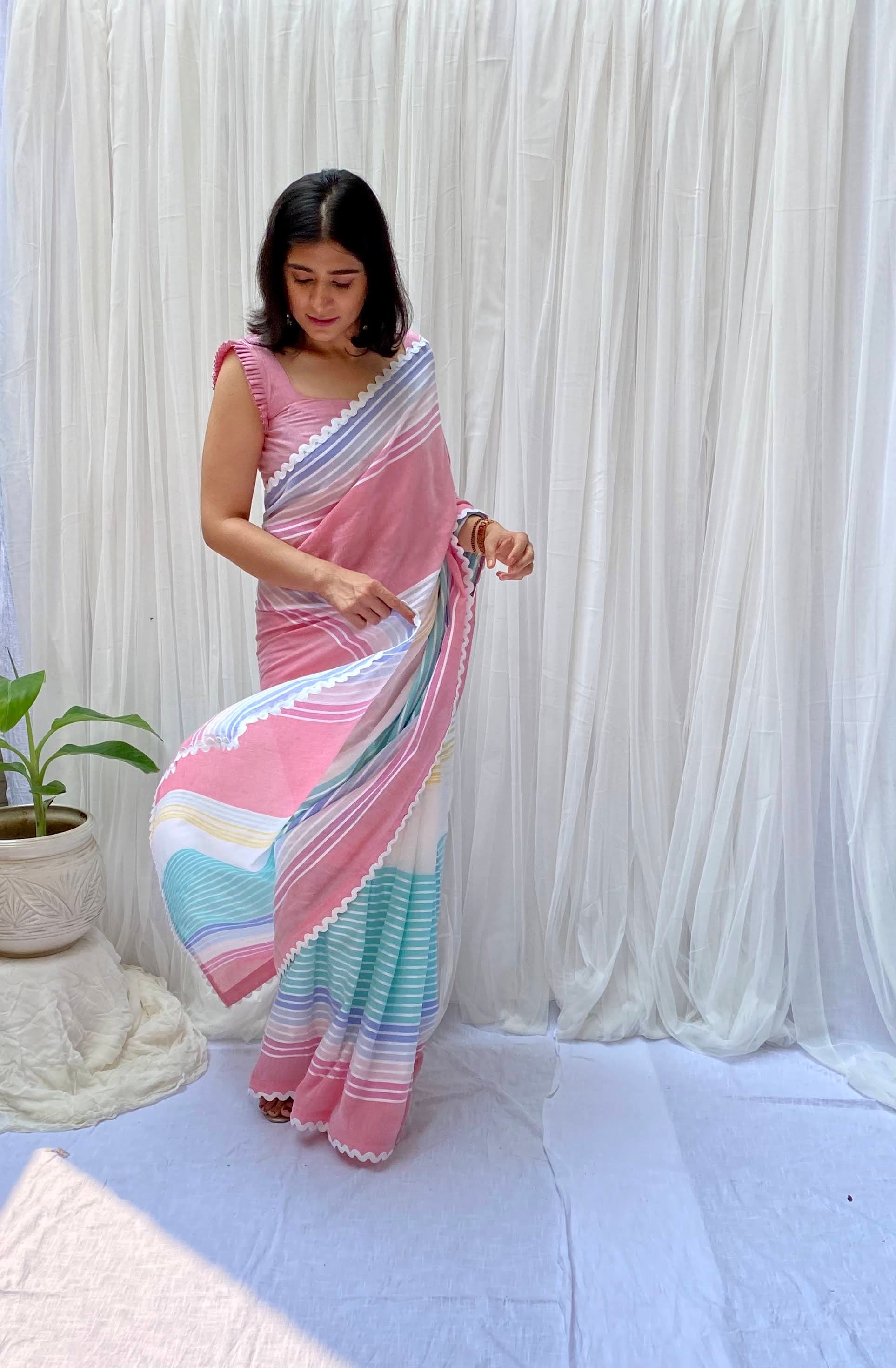 Soothing Blue Pink White Multicolor Cotton Striped Saree Chambray Blouse