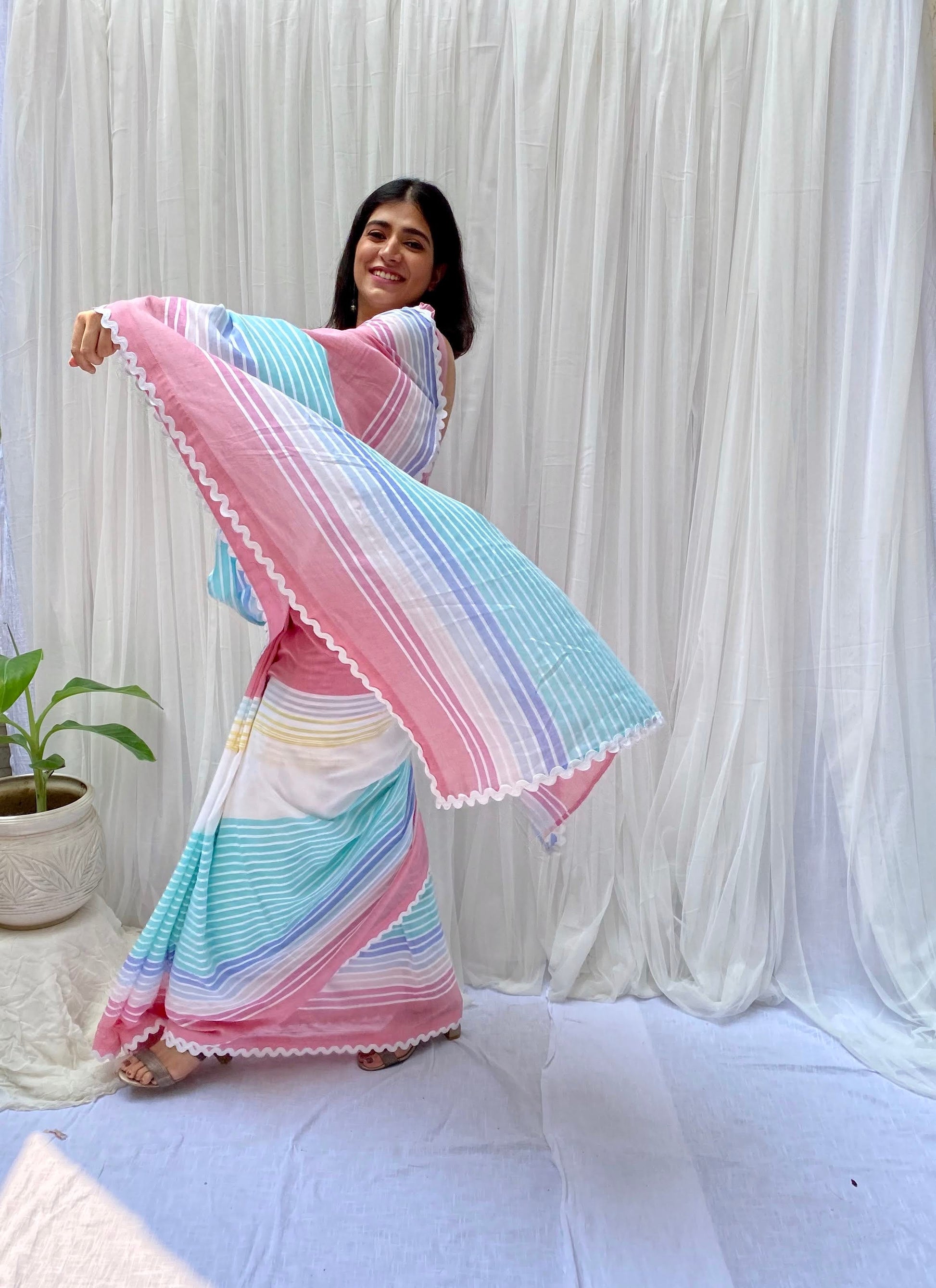 Soothing Blue Pink White Multicolor Cotton Striped Saree Chambray Blouse