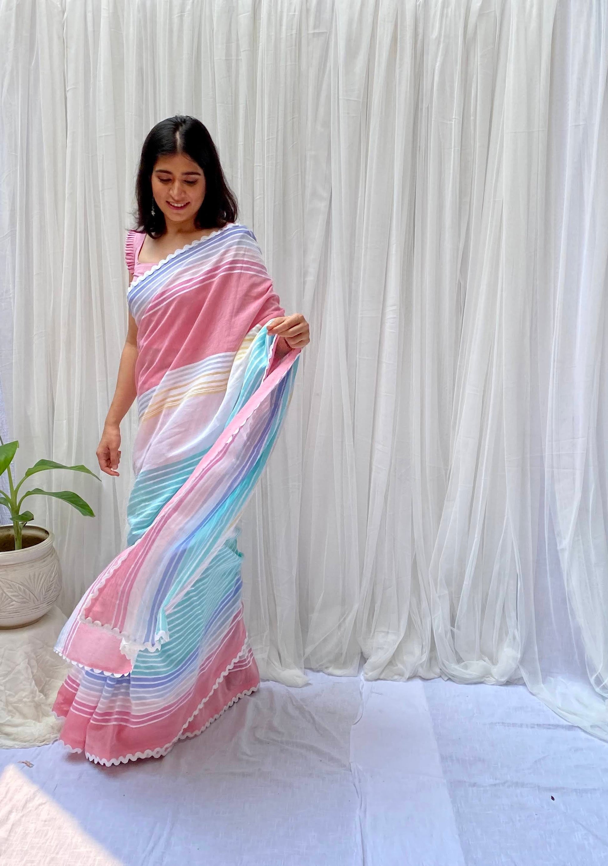 Soothing Blue Pink White Multicolor Cotton Striped Saree Chambray Blouse