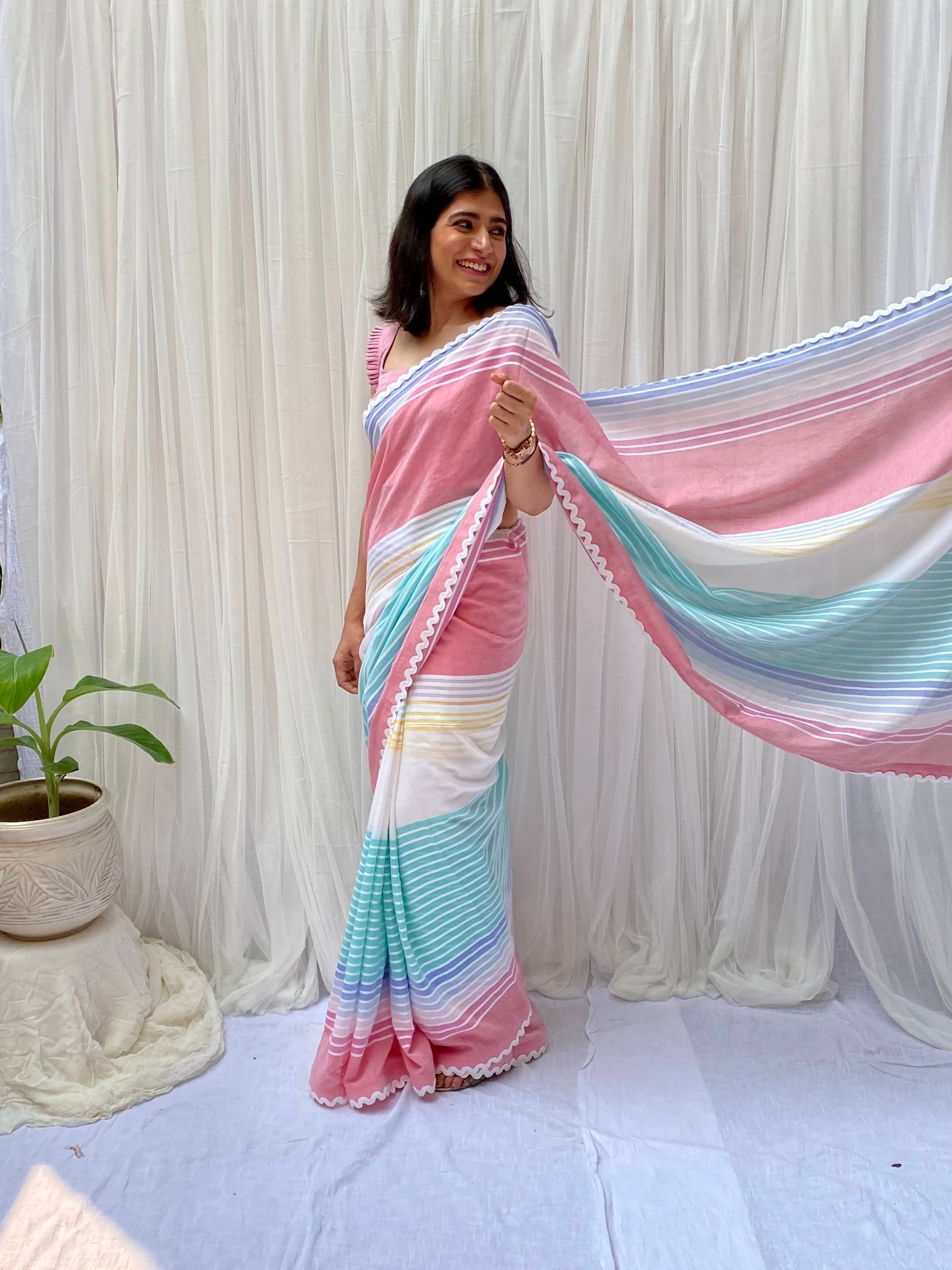 Soothing Blue Pink White Multicolor Cotton Striped Saree Chambray Blouse