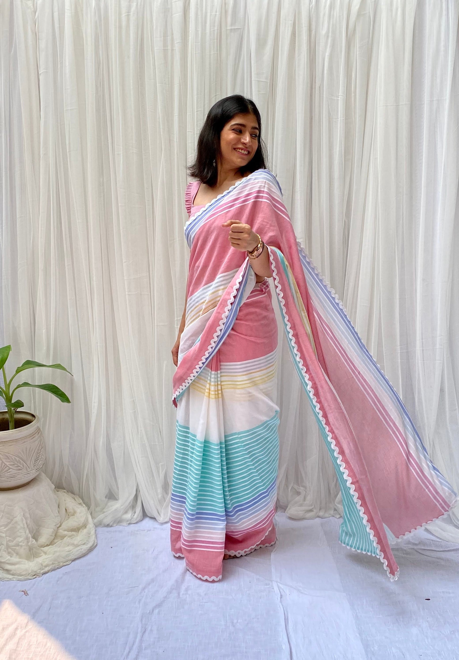 Soothing Blue Pink White Multicolor Cotton Striped Saree Chambray Blouse