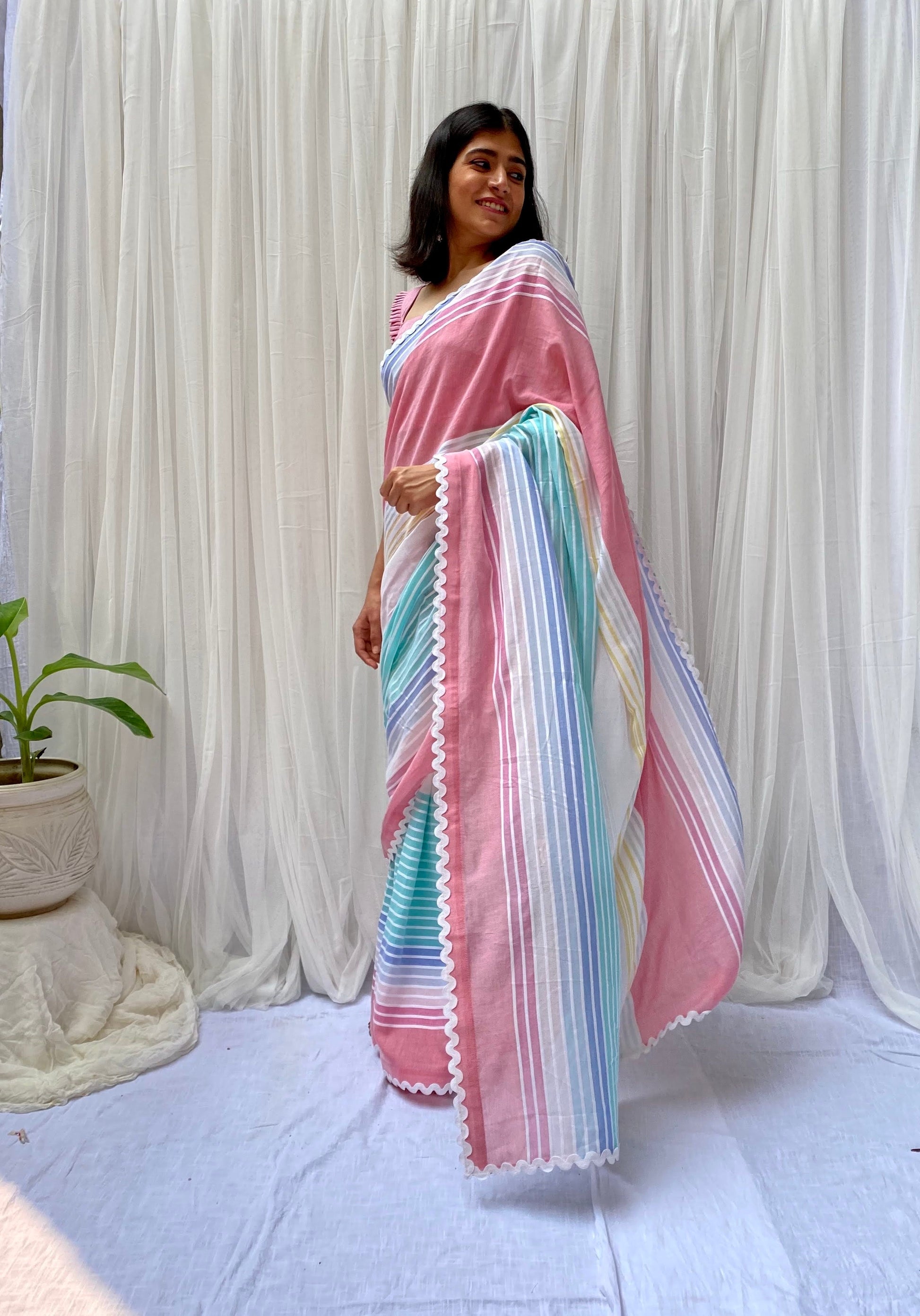 Soothing Blue Pink White Multicolor Cotton Striped Saree Chambray Blouse