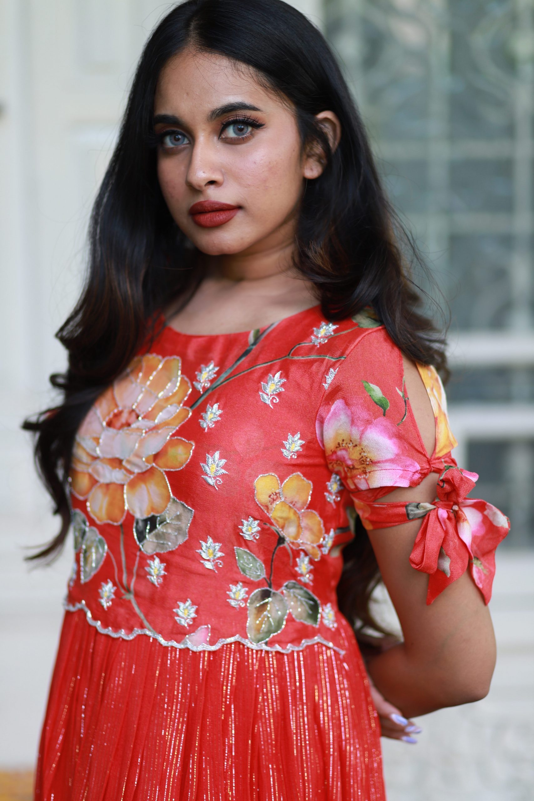 Red Floral Georgette Gown with Zari Stripes - Evening Gown