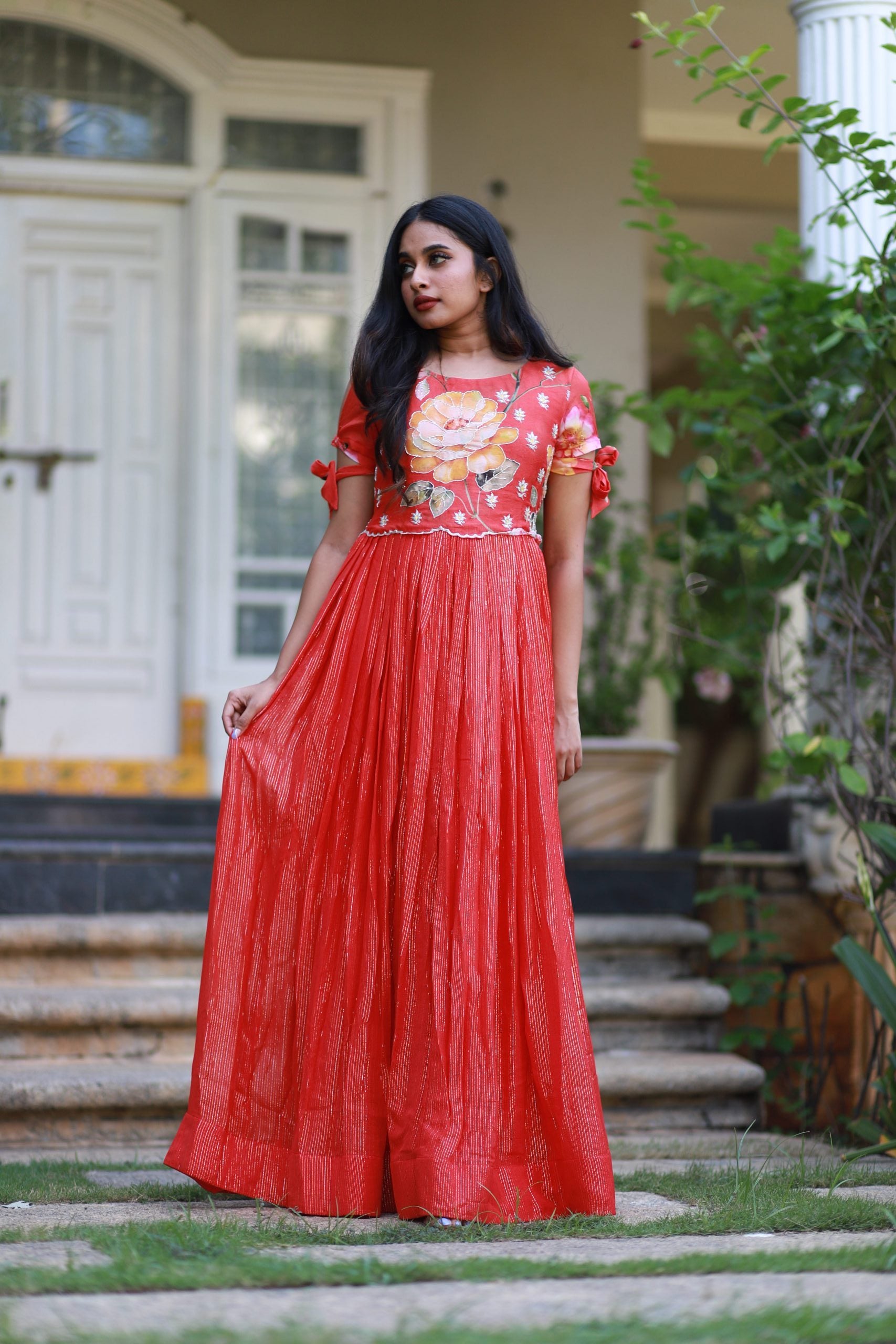 Red Floral Georgette Gown with Zari Stripes - Evening Gown