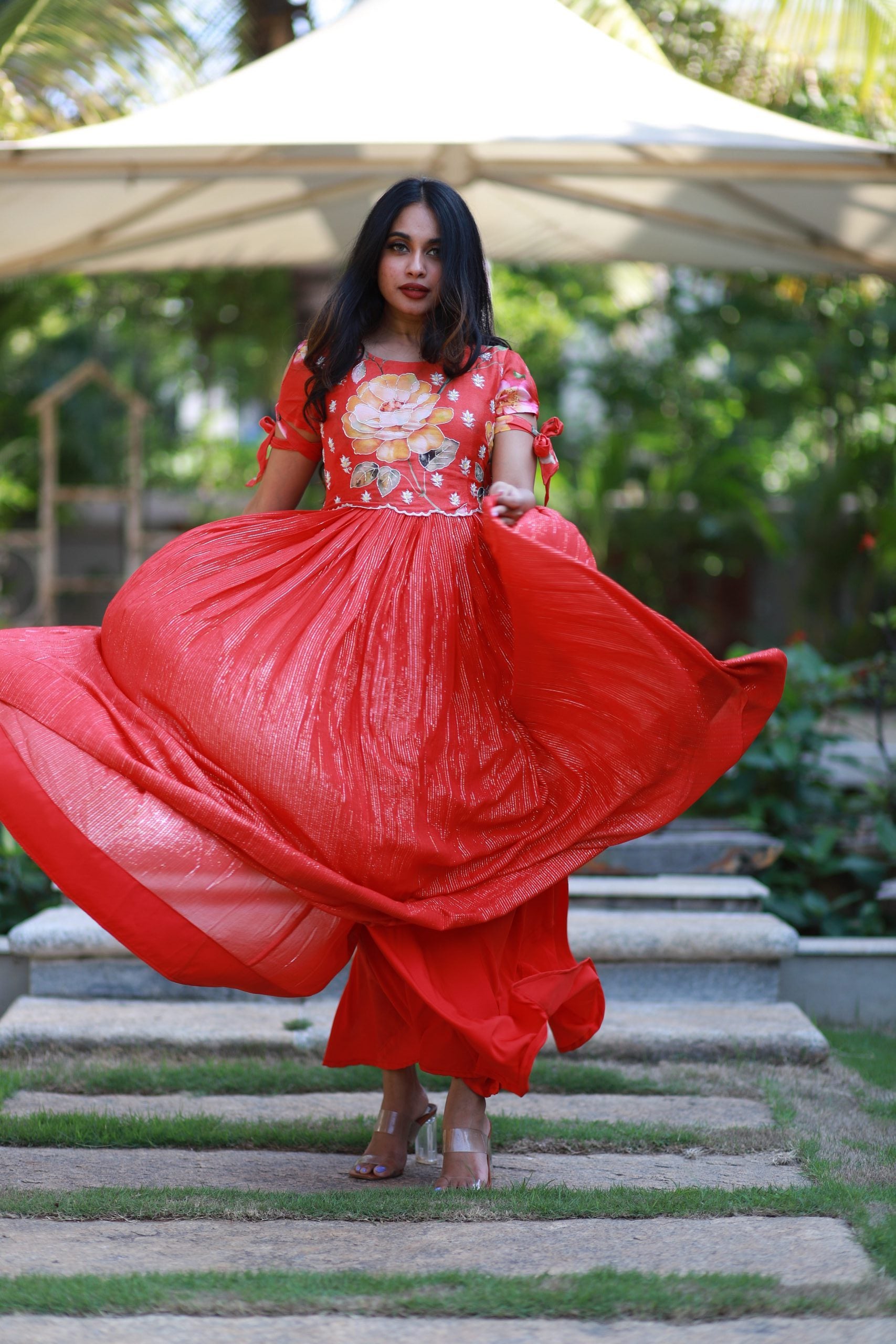 Red Floral Georgette Gown with Zari Stripes - Evening Gown