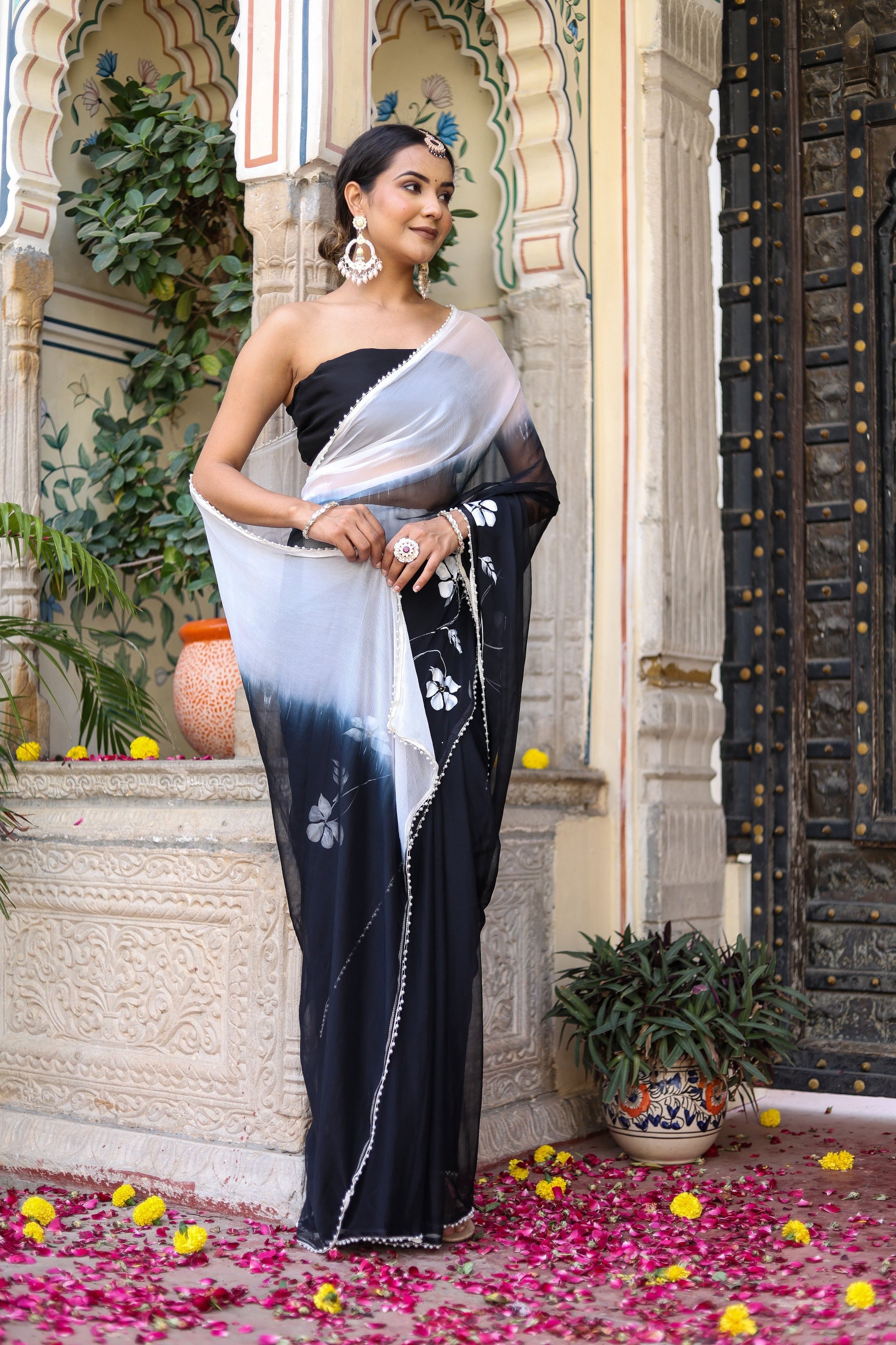 Subtle Black White Ombre Chiffon Handpainted Saree Pearl Lace Floral