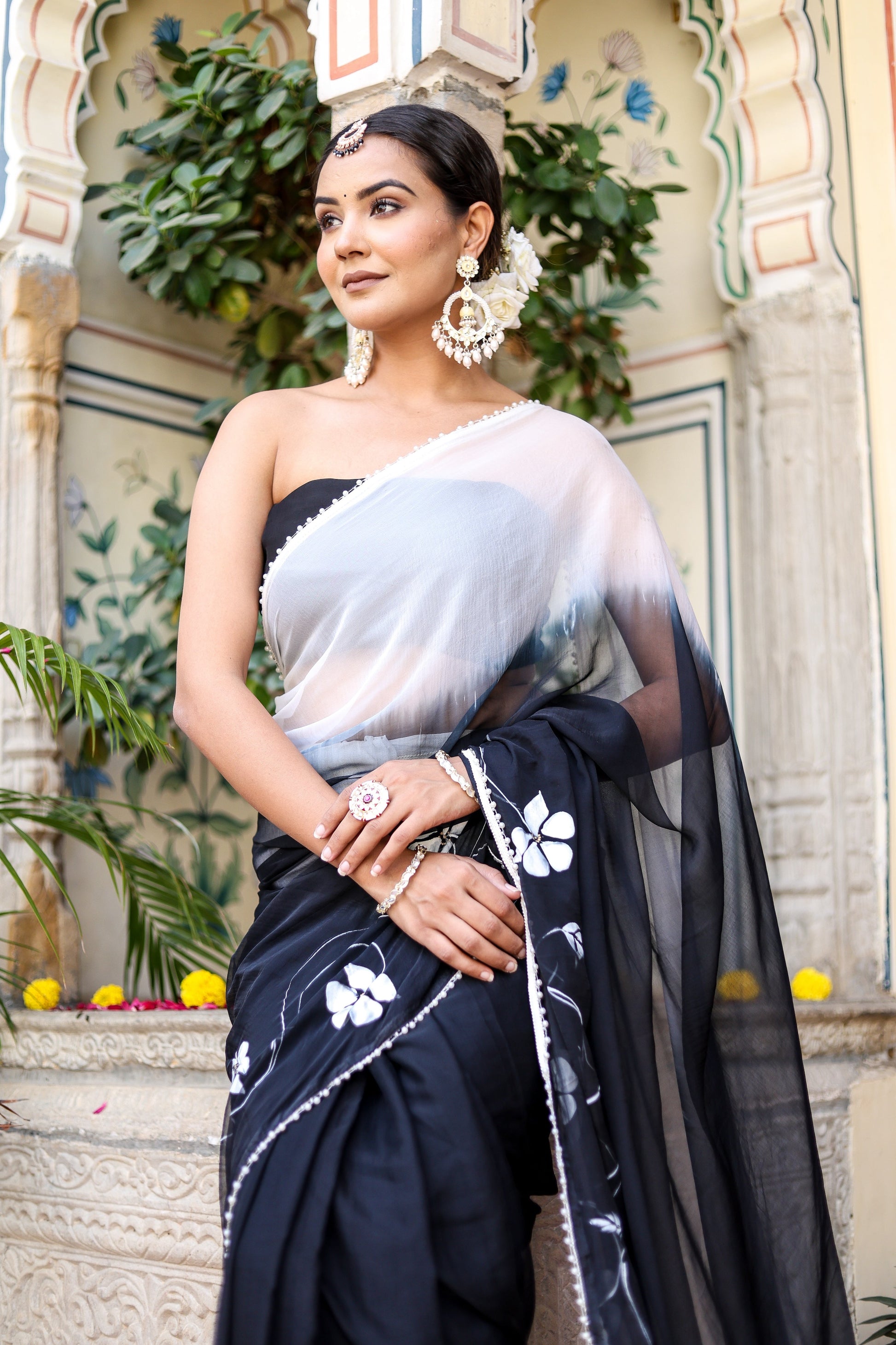Subtle Black White Ombre Chiffon Handpainted Saree Pearl Lace Floral