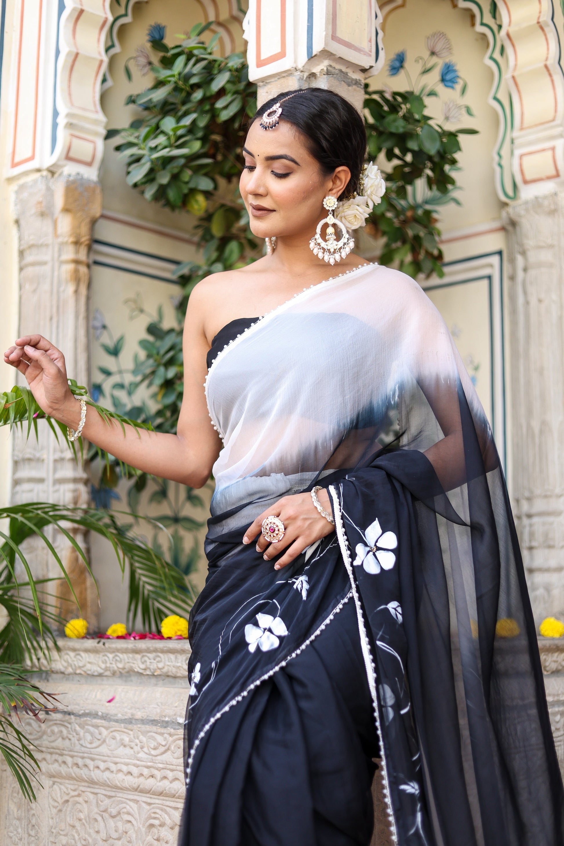 Subtle Black White Ombre Chiffon Handpainted Saree Pearl Lace Floral