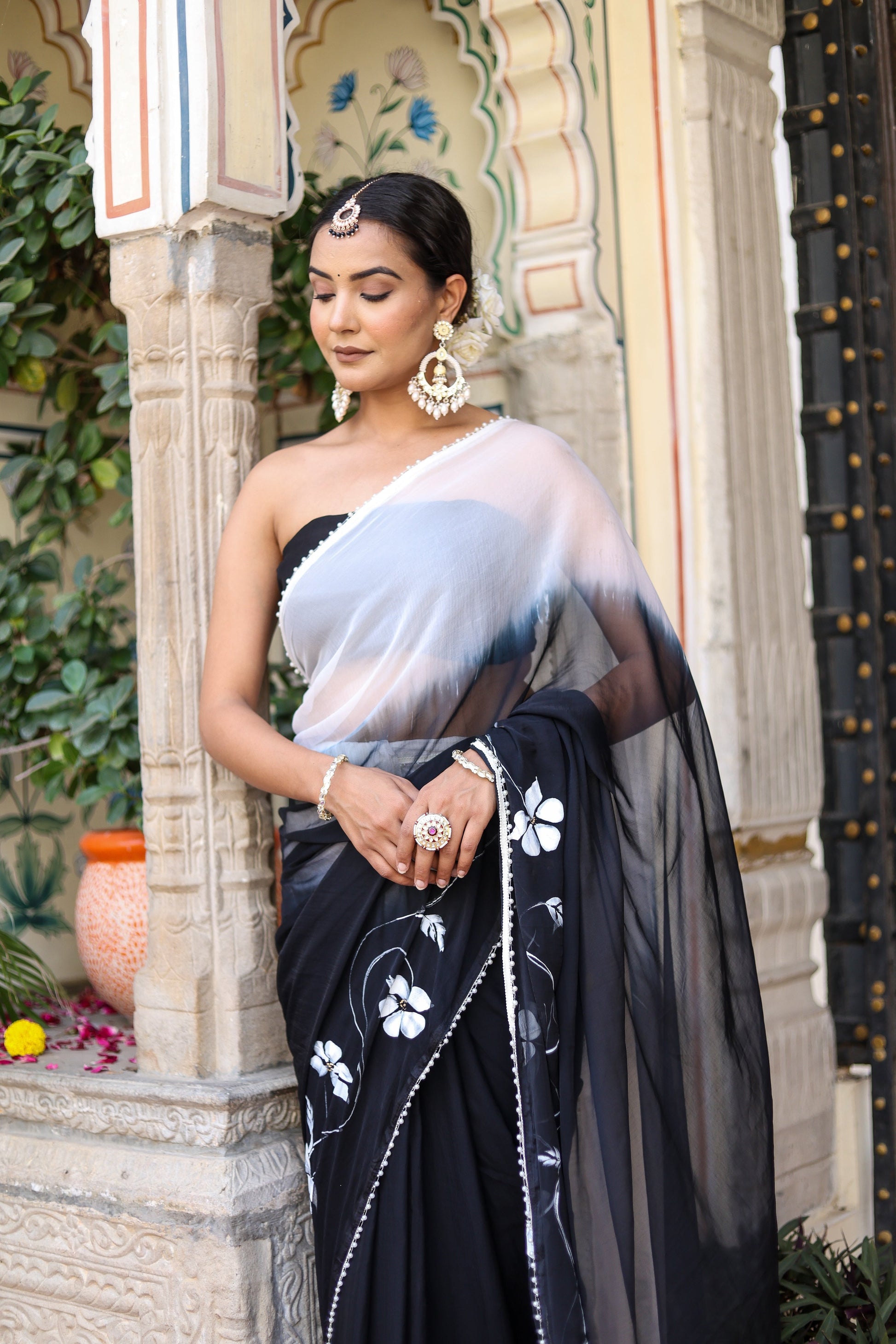 Subtle Black White Ombre Chiffon Handpainted Saree Pearl Lace Floral