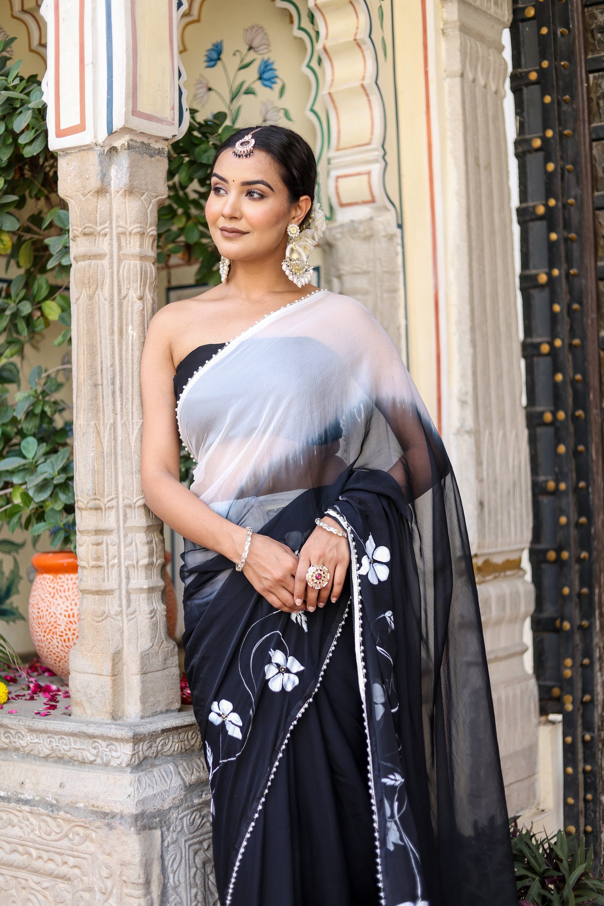 Subtle Black White Ombre Chiffon Handpainted Saree Pearl Lace Floral