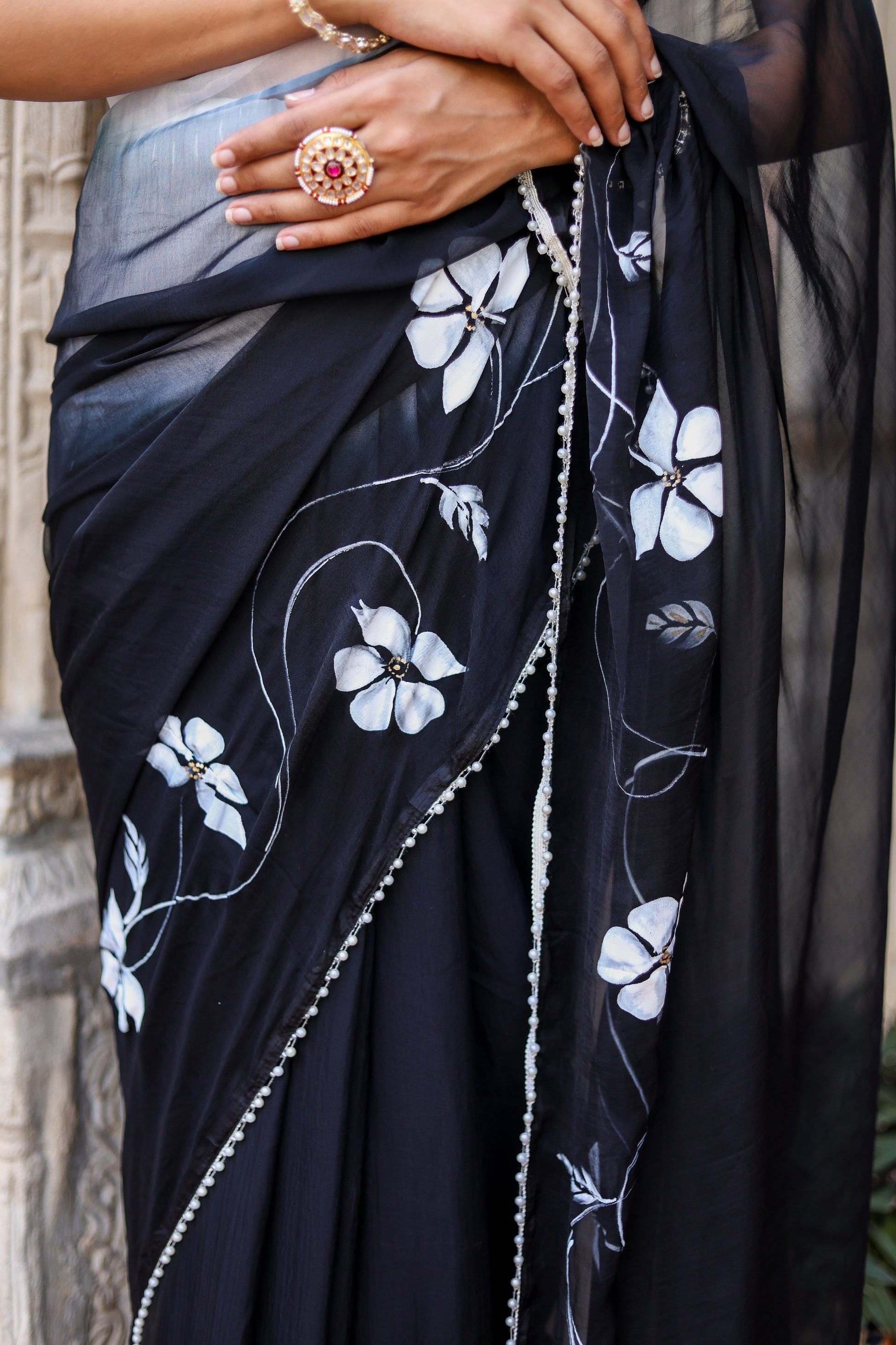Subtle Black White Ombre Chiffon Handpainted Saree Pearl Lace Floral