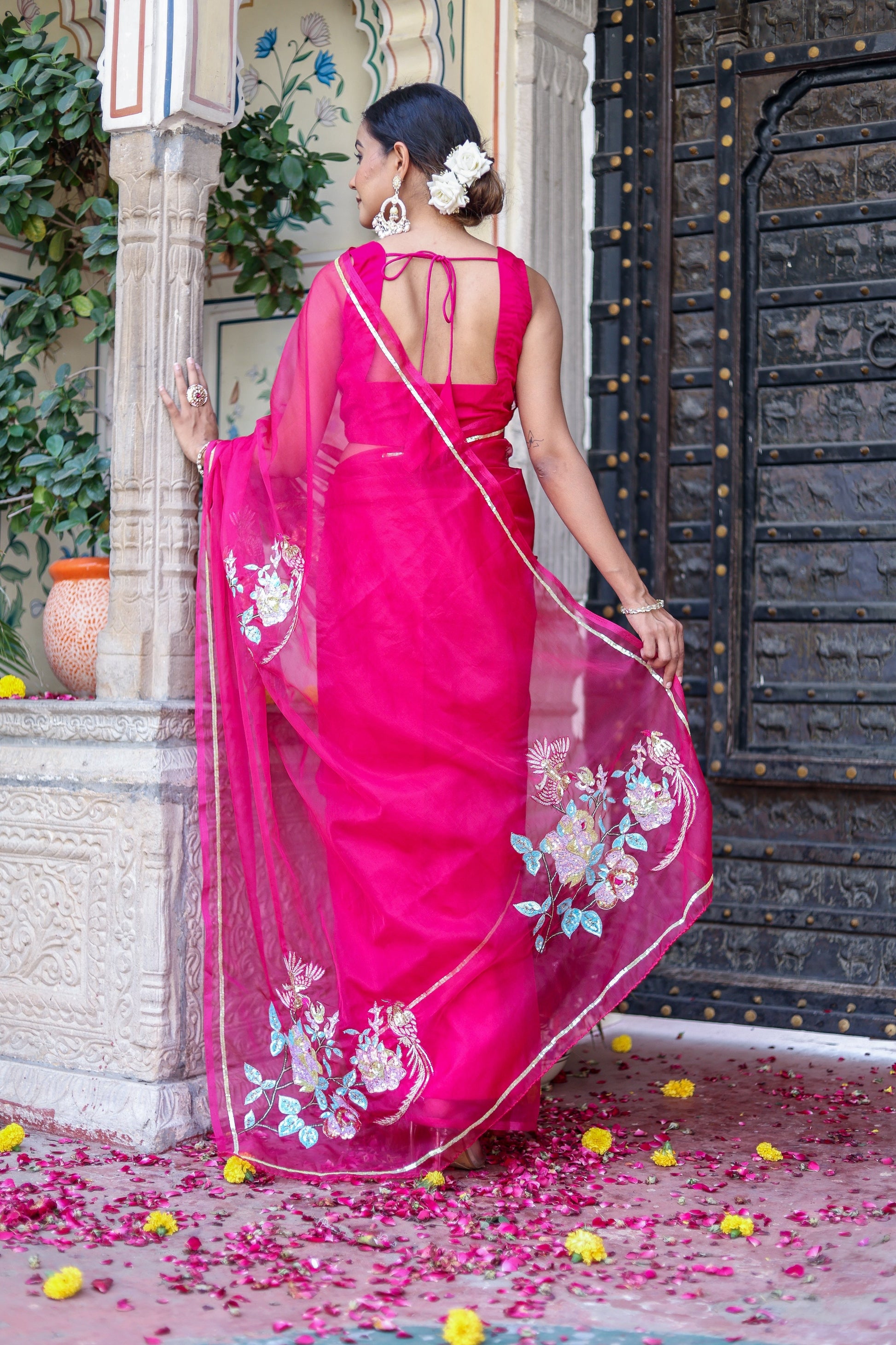Stunning Pink Rani Gold Organza Hand Embroidered Saree Floral