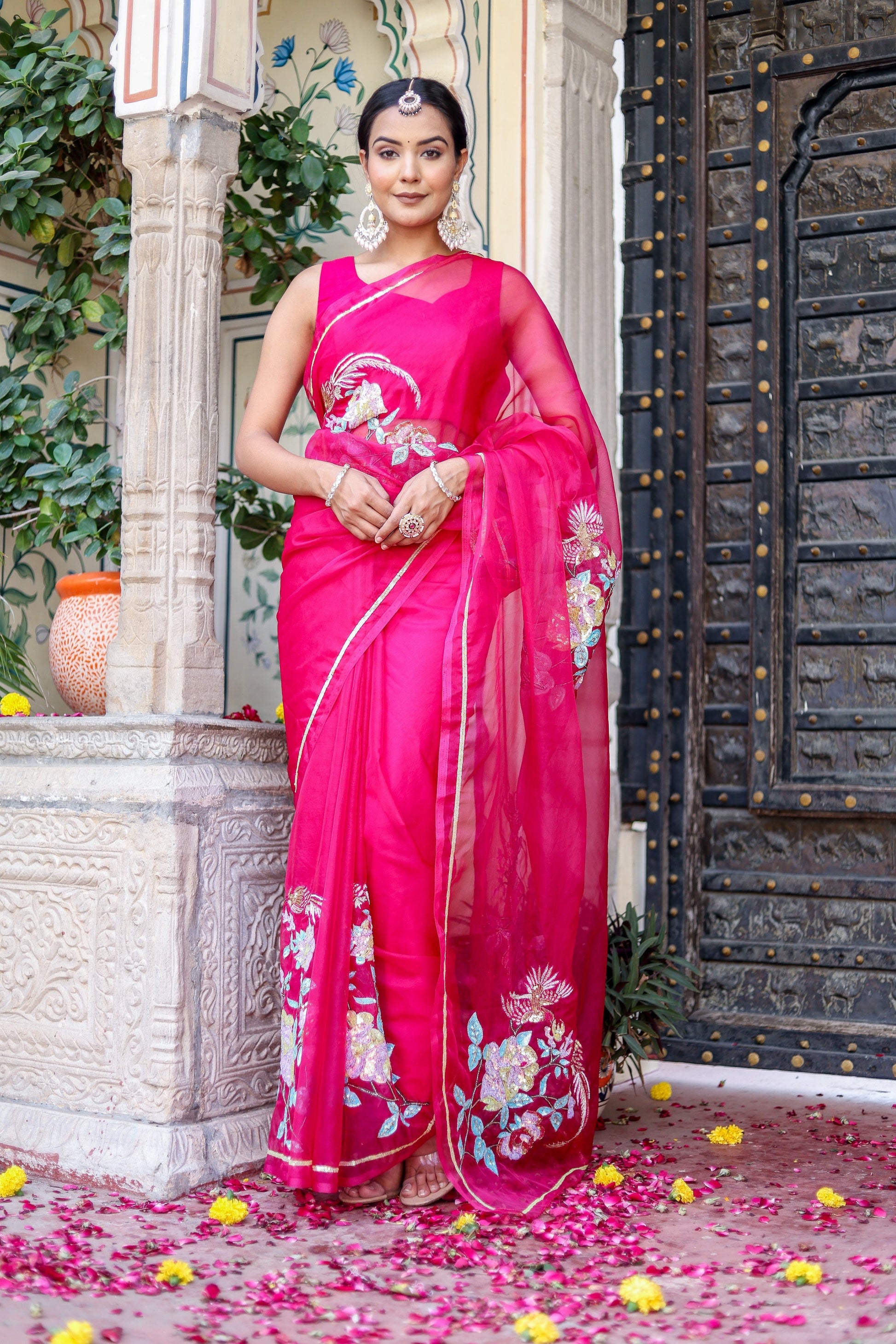 Stunning Pink Rani Gold Organza Hand Embroidered Saree Floral