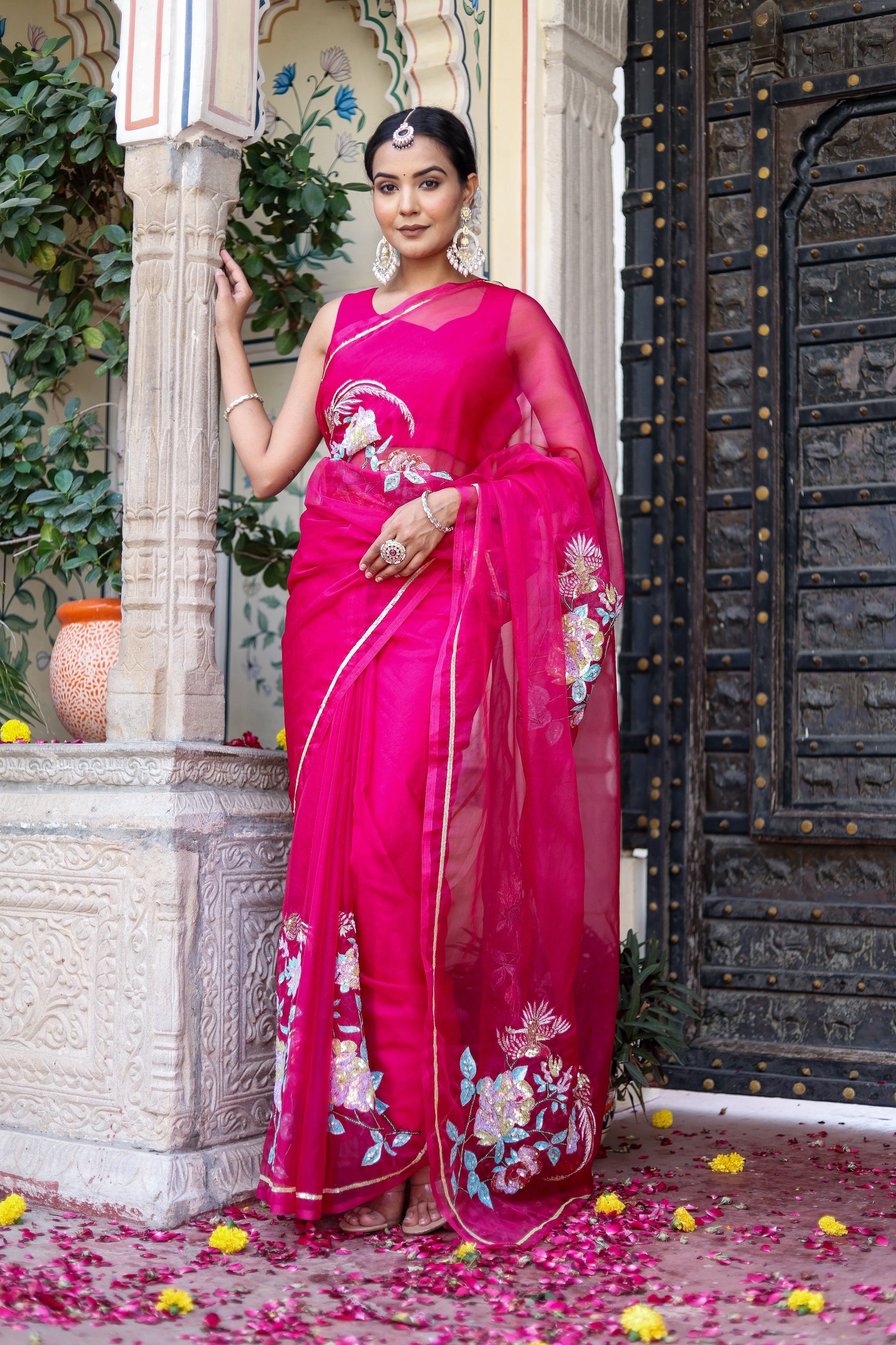 Stunning Pink Rani Gold Organza Hand Embroidered Saree Floral
