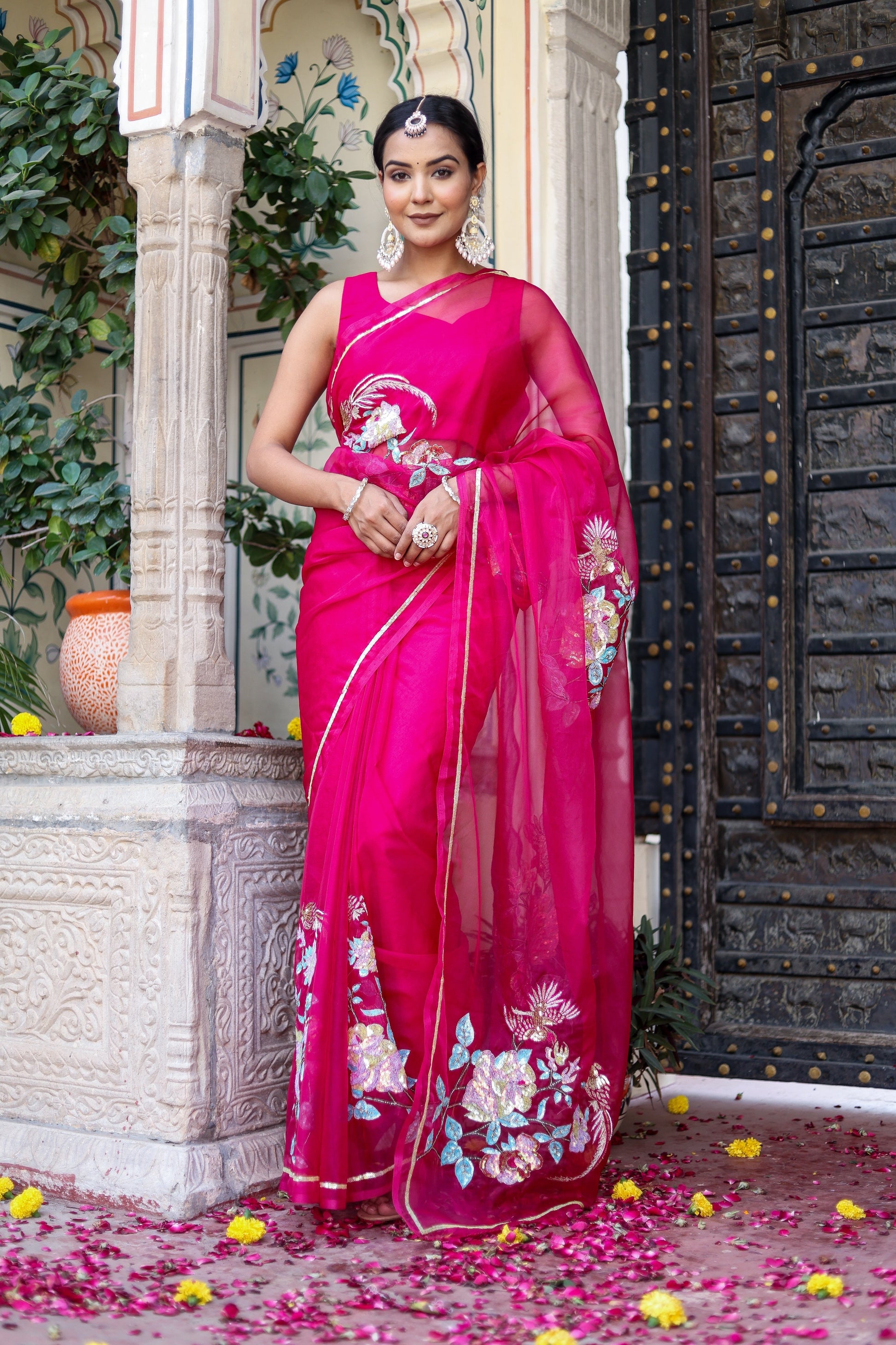 Stunning Pink Rani Gold Organza Hand Embroidered Saree Floral