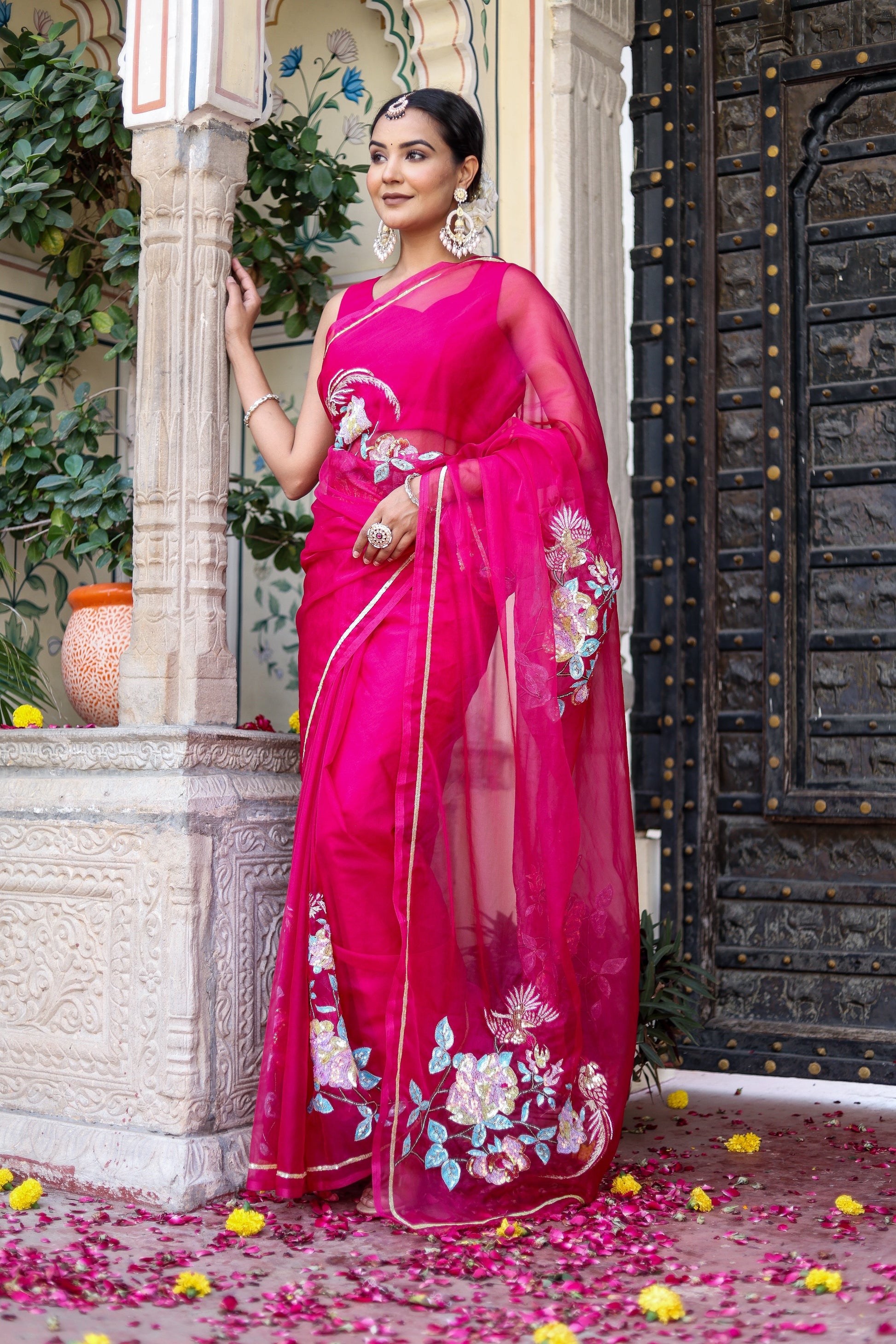 Stunning Pink Rani Gold Organza Hand Embroidered Saree Floral
