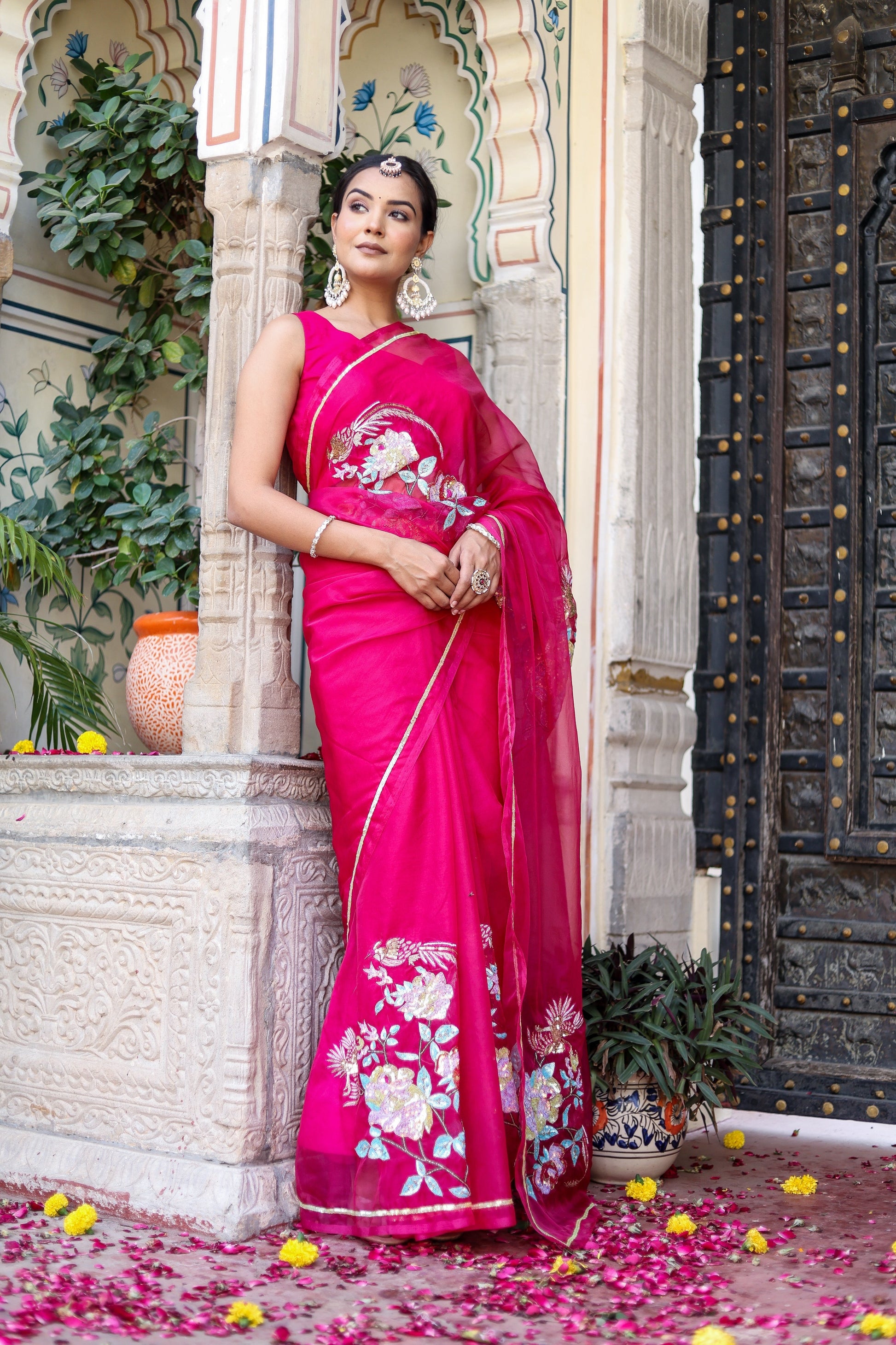 Stunning Pink Rani Gold Organza Hand Embroidered Saree Floral
