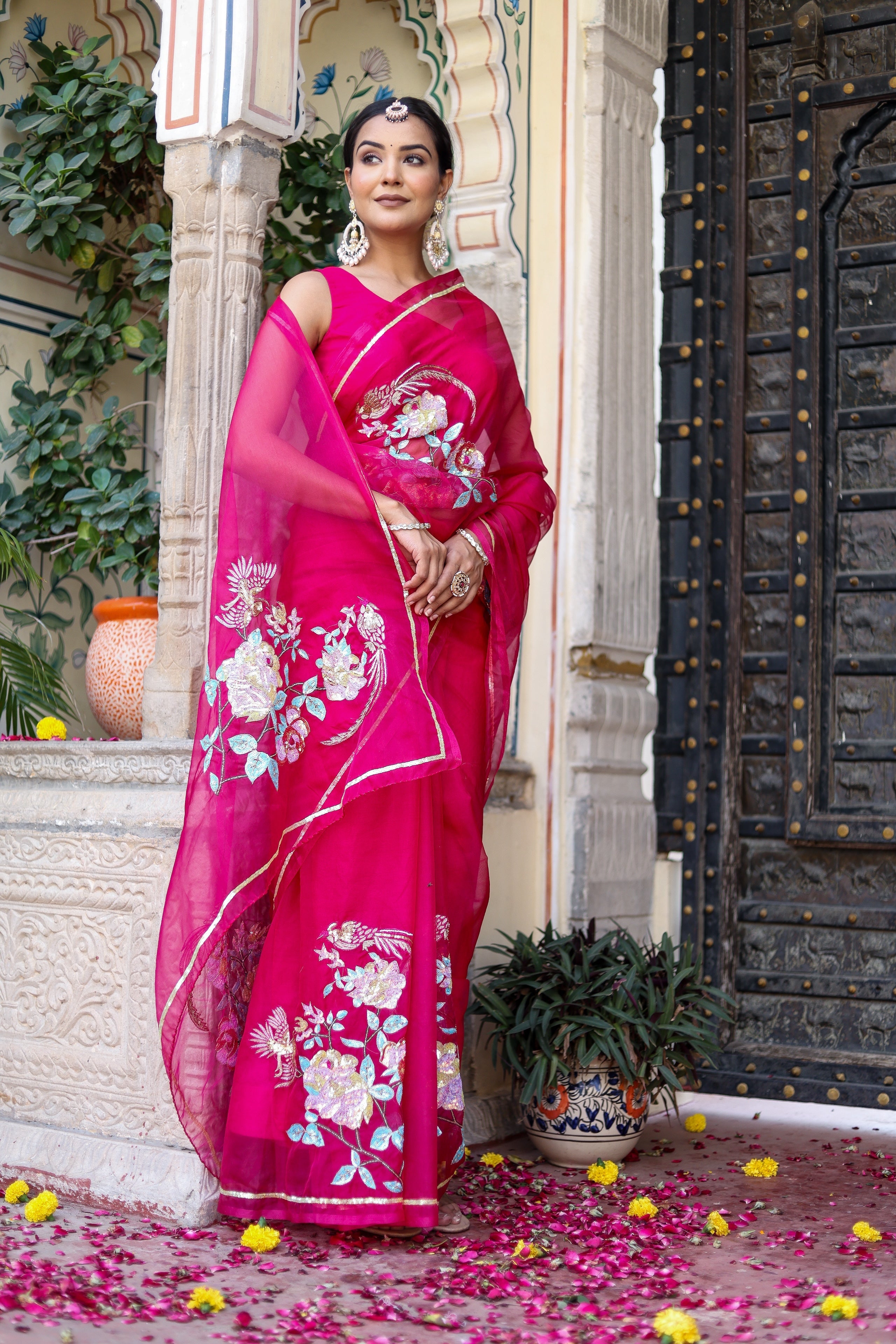 Stunning Pink Rani Gold Organza Hand Embroidered Saree Floral