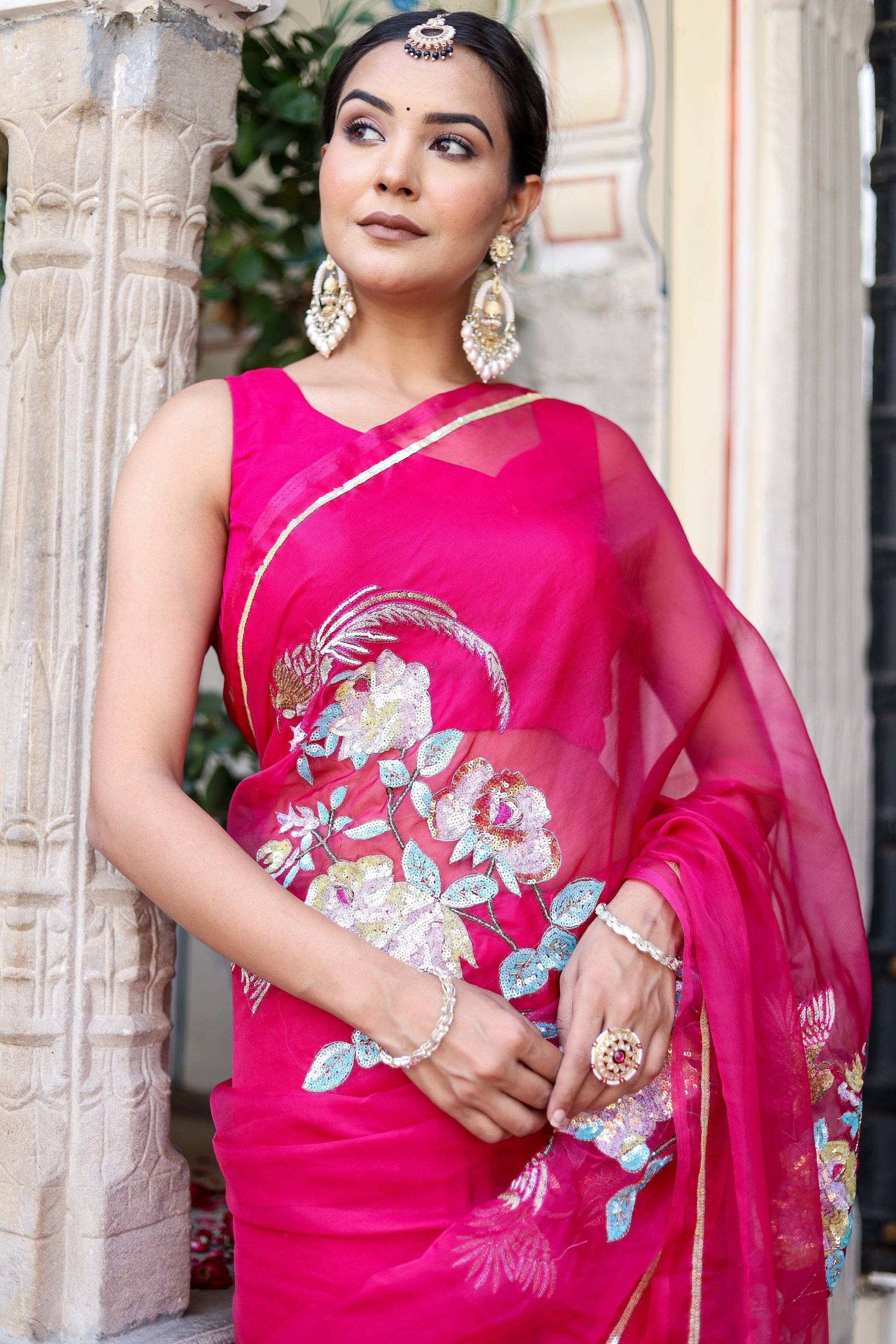 Stunning Pink Rani Gold Organza Hand Embroidered Saree Floral