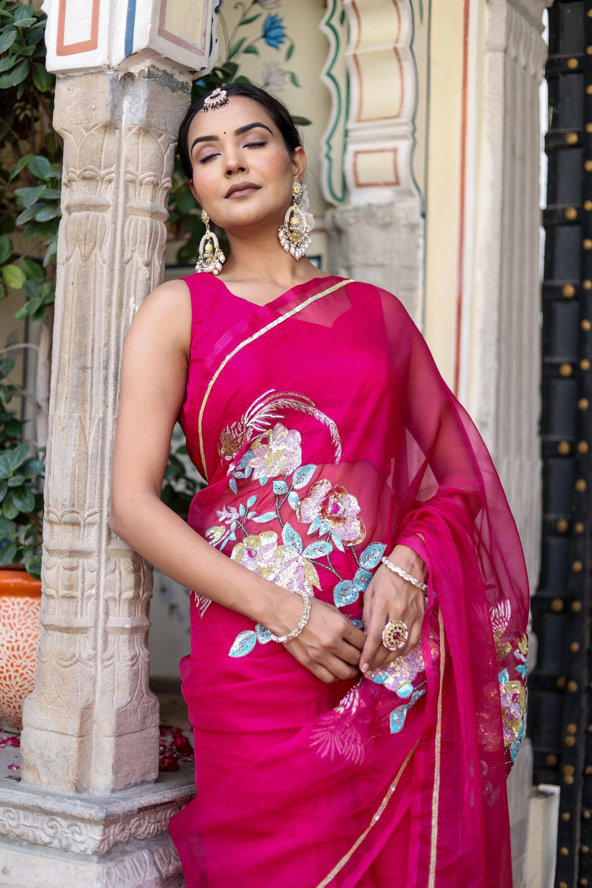 Stunning Pink Rani Gold Organza Hand Embroidered Saree Floral