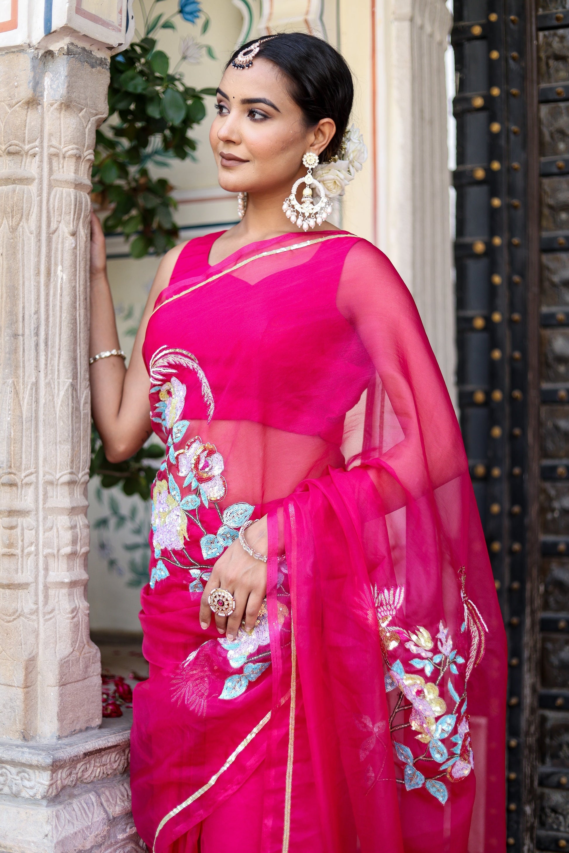 Stunning Pink Rani Gold Organza Hand Embroidered Saree Floral