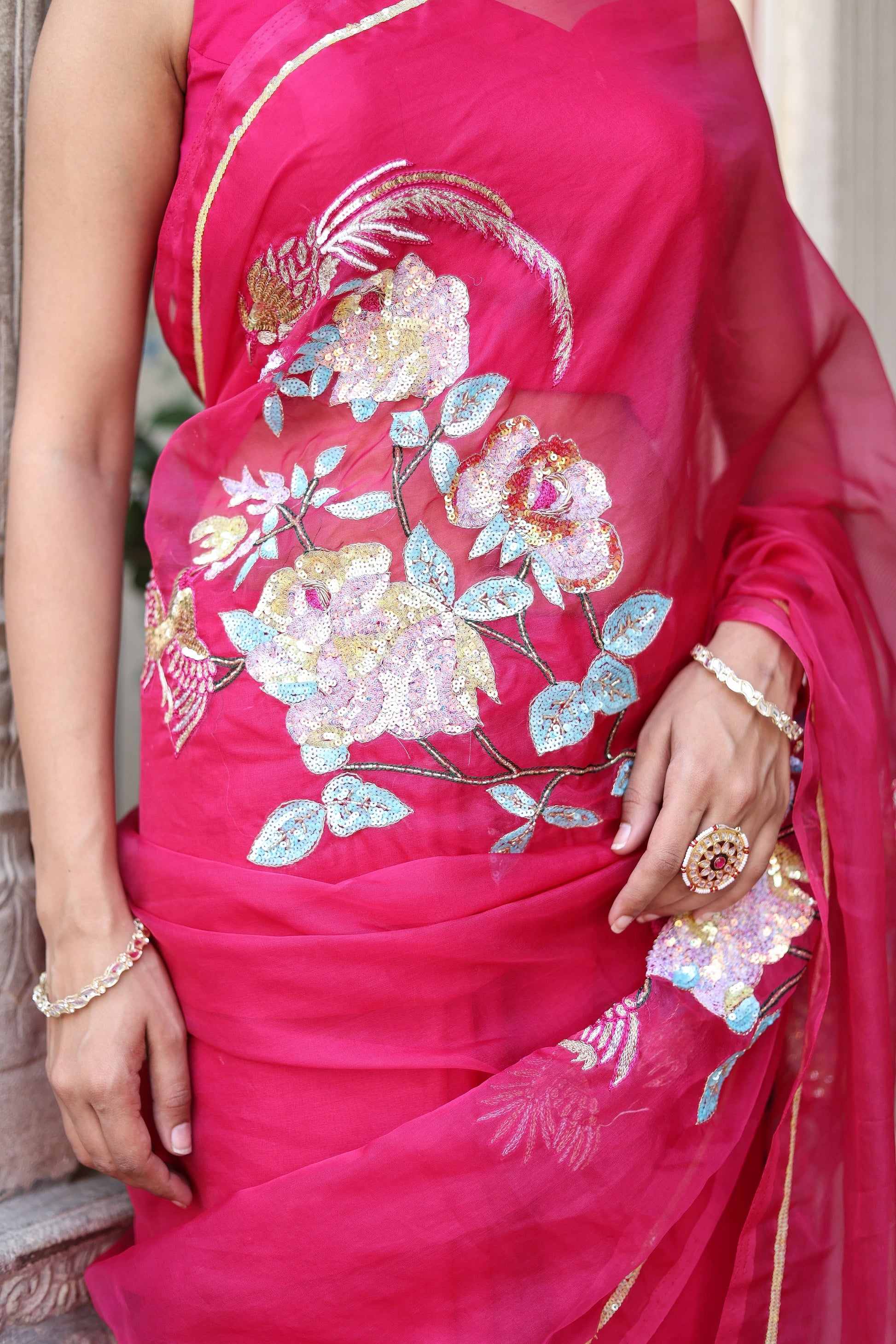 Stunning Pink Rani Gold Organza Hand Embroidered Saree Floral