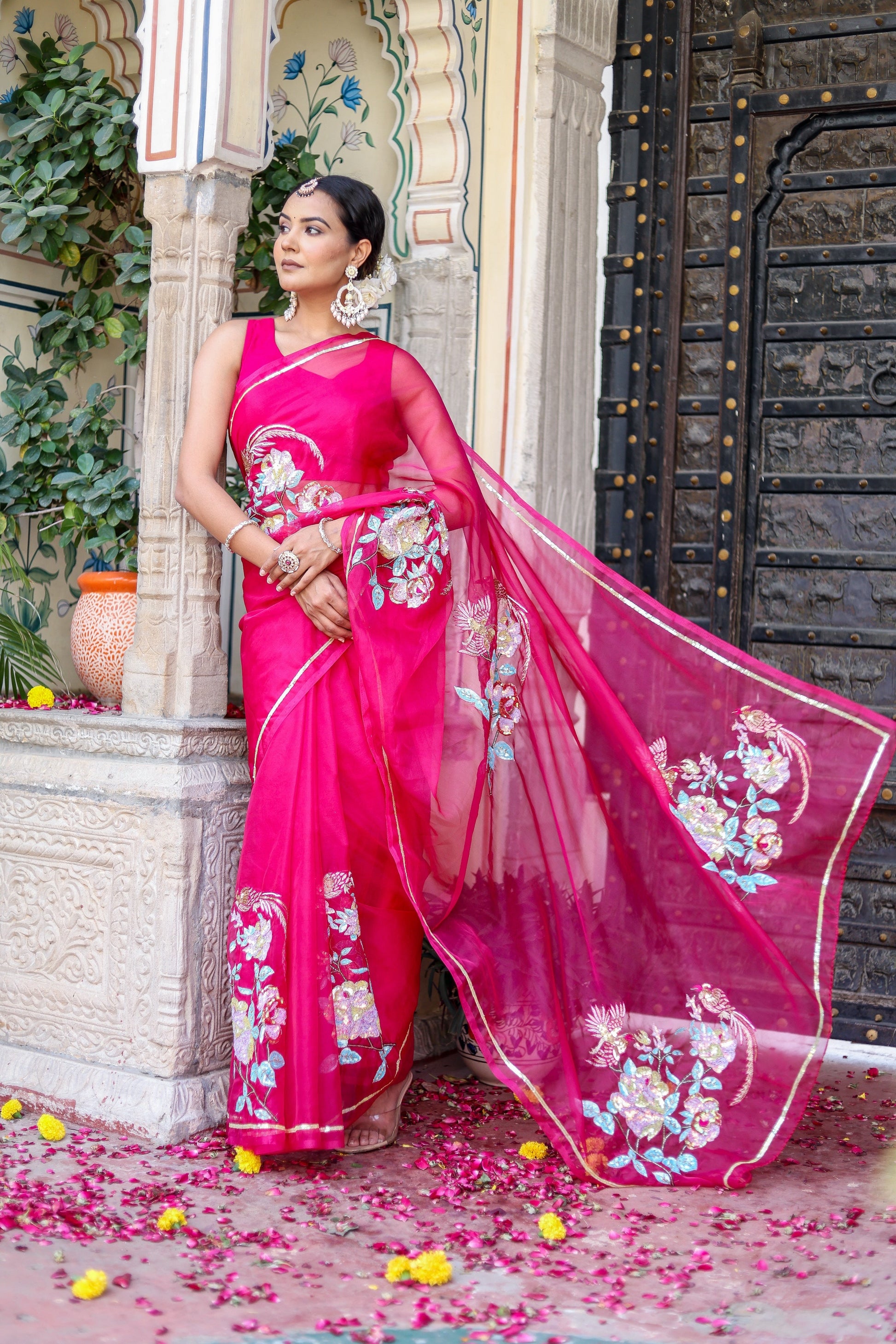 Stunning Pink Rani Gold Organza Hand Embroidered Saree Floral