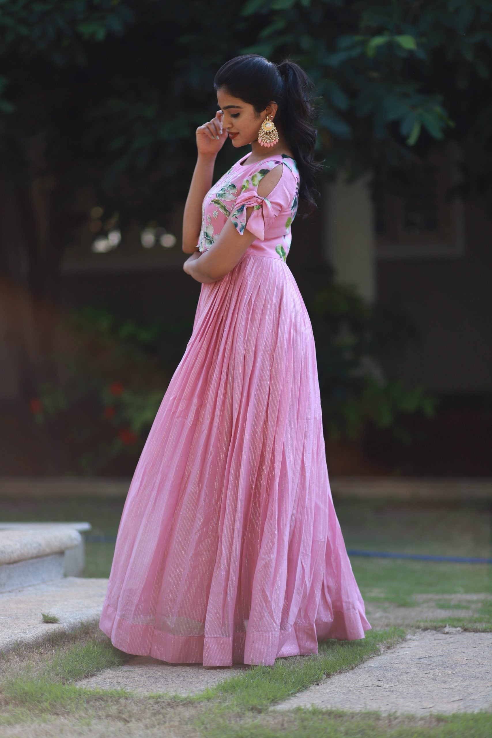 Pink Flora Georgette Gown with Zardosi Detail - Party Gown