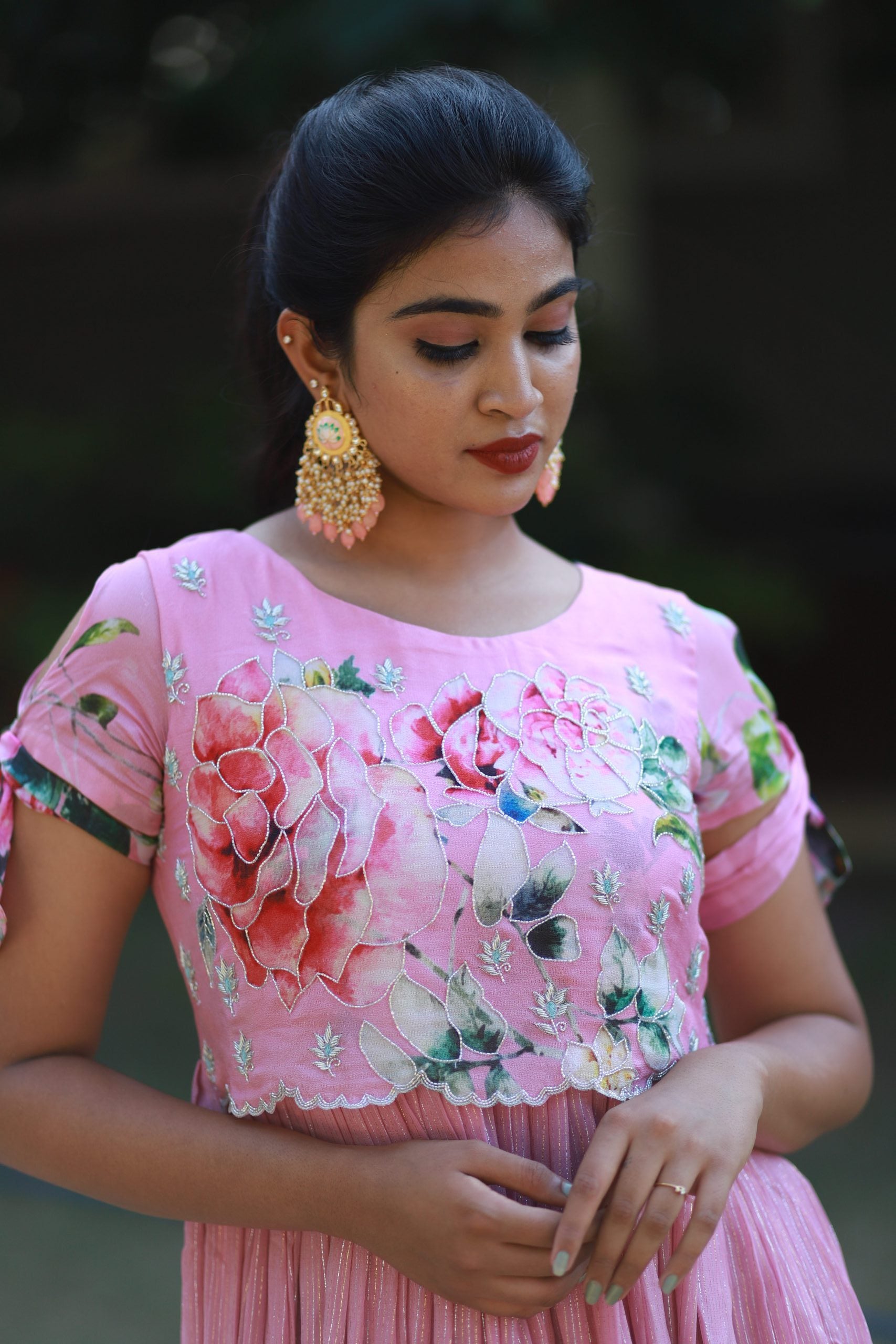 Pink Flora Georgette Gown with Zardosi Detail - Party Gown
