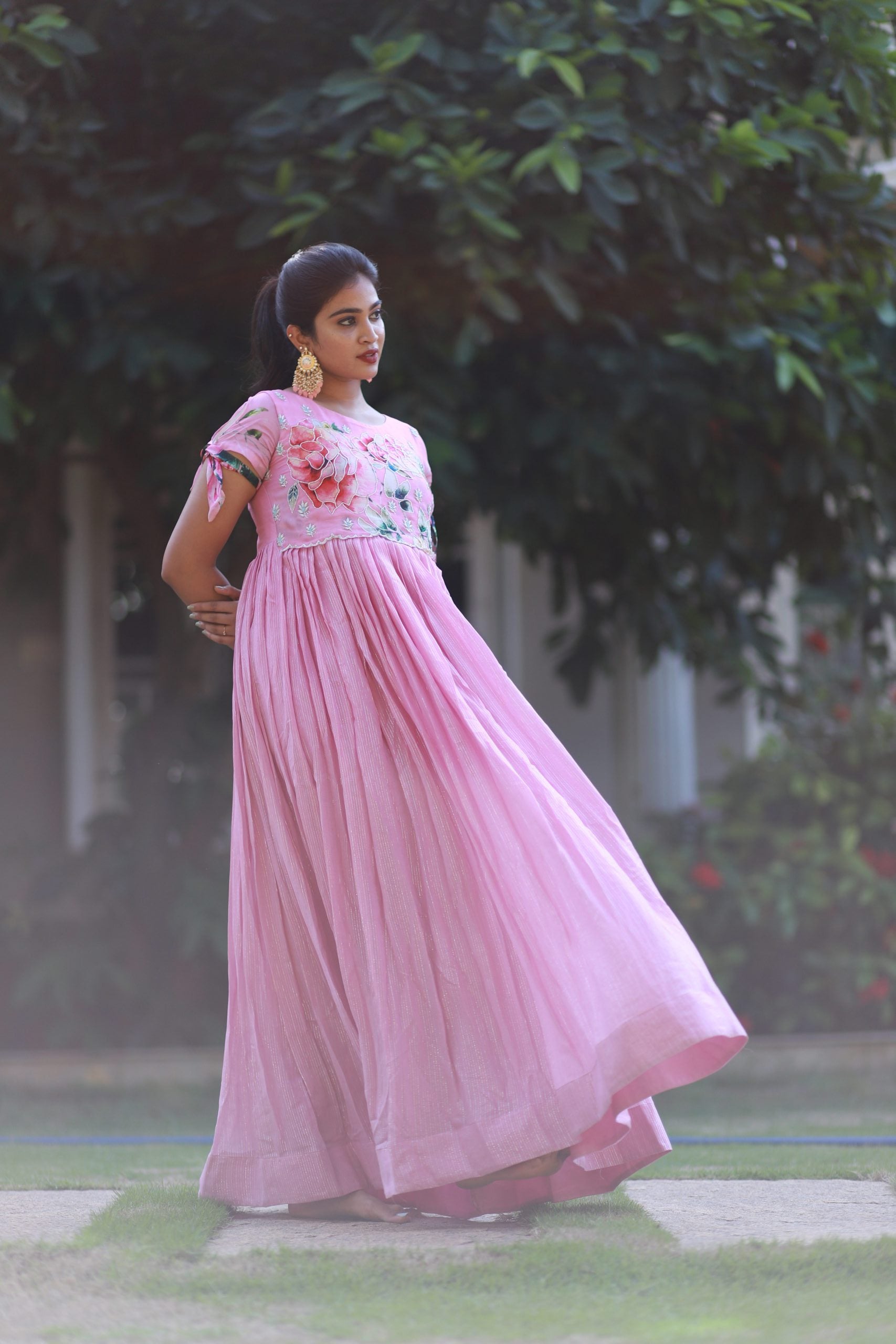 Pink Flora Georgette Gown with Zardosi Detail - Party Gown