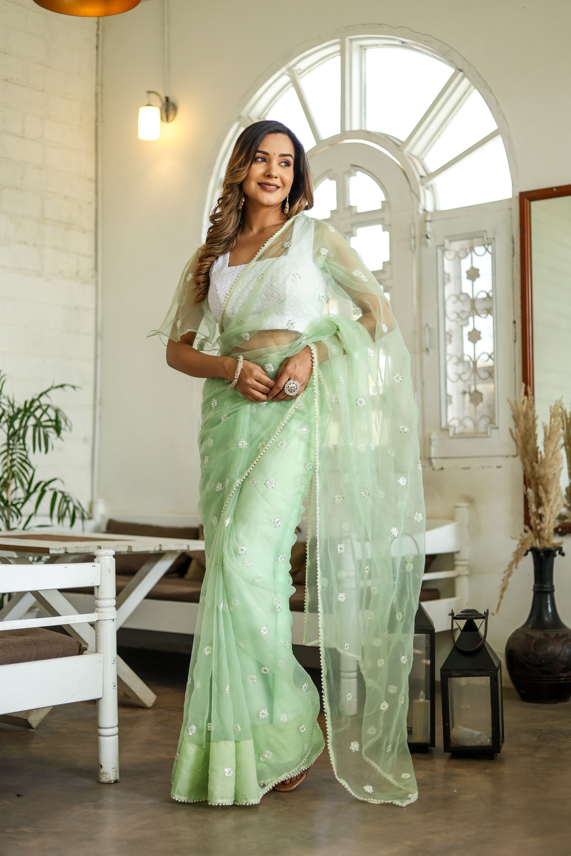 Unique Green Silk Organza Saree Embroidered Buttis Geometric Pearl Lace