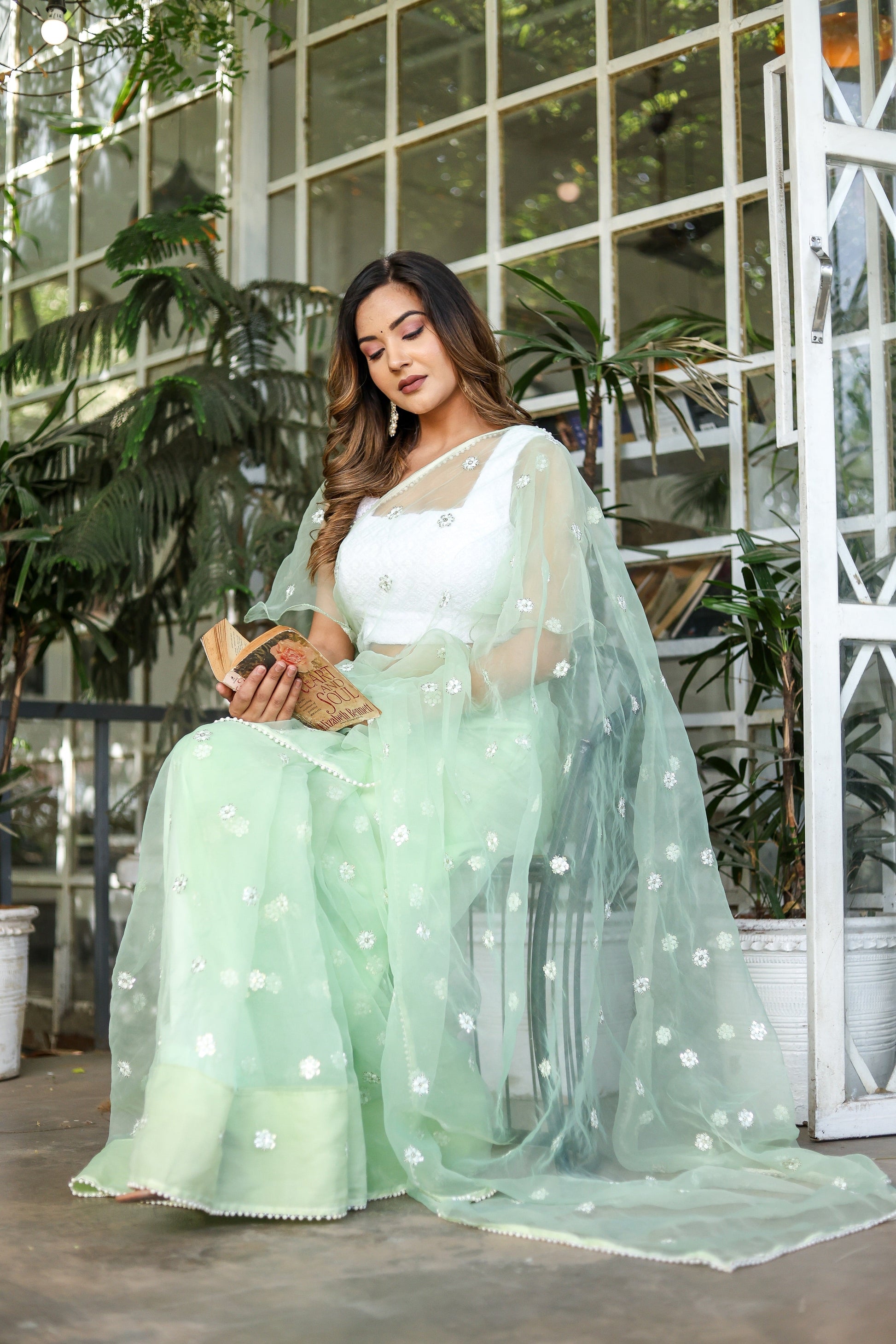 Unique Green Silk Organza Saree Embroidered Buttis Geometric Pearl Lace
