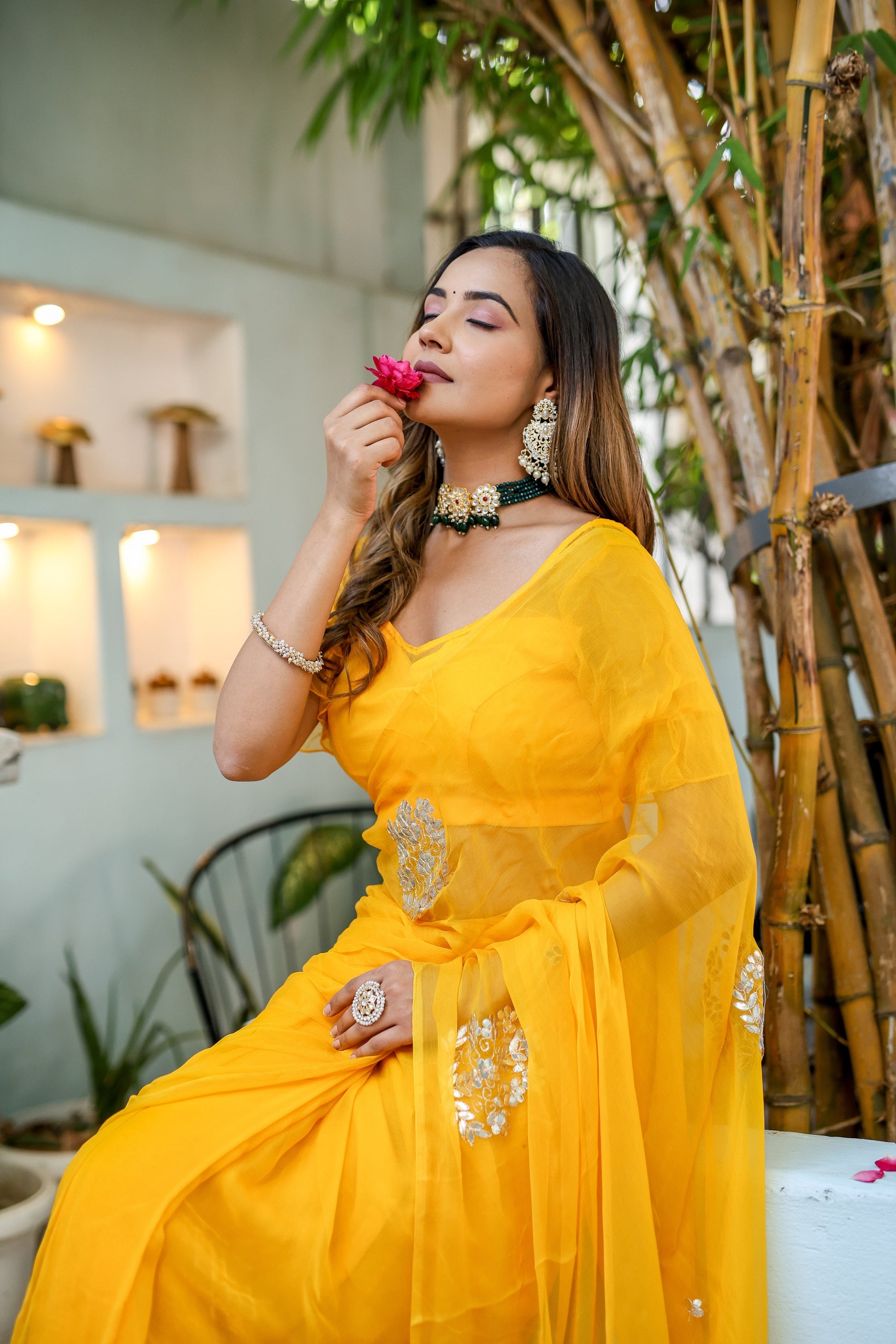 Luminous Yellow Chiffon Gota Embroidered Saree Floral