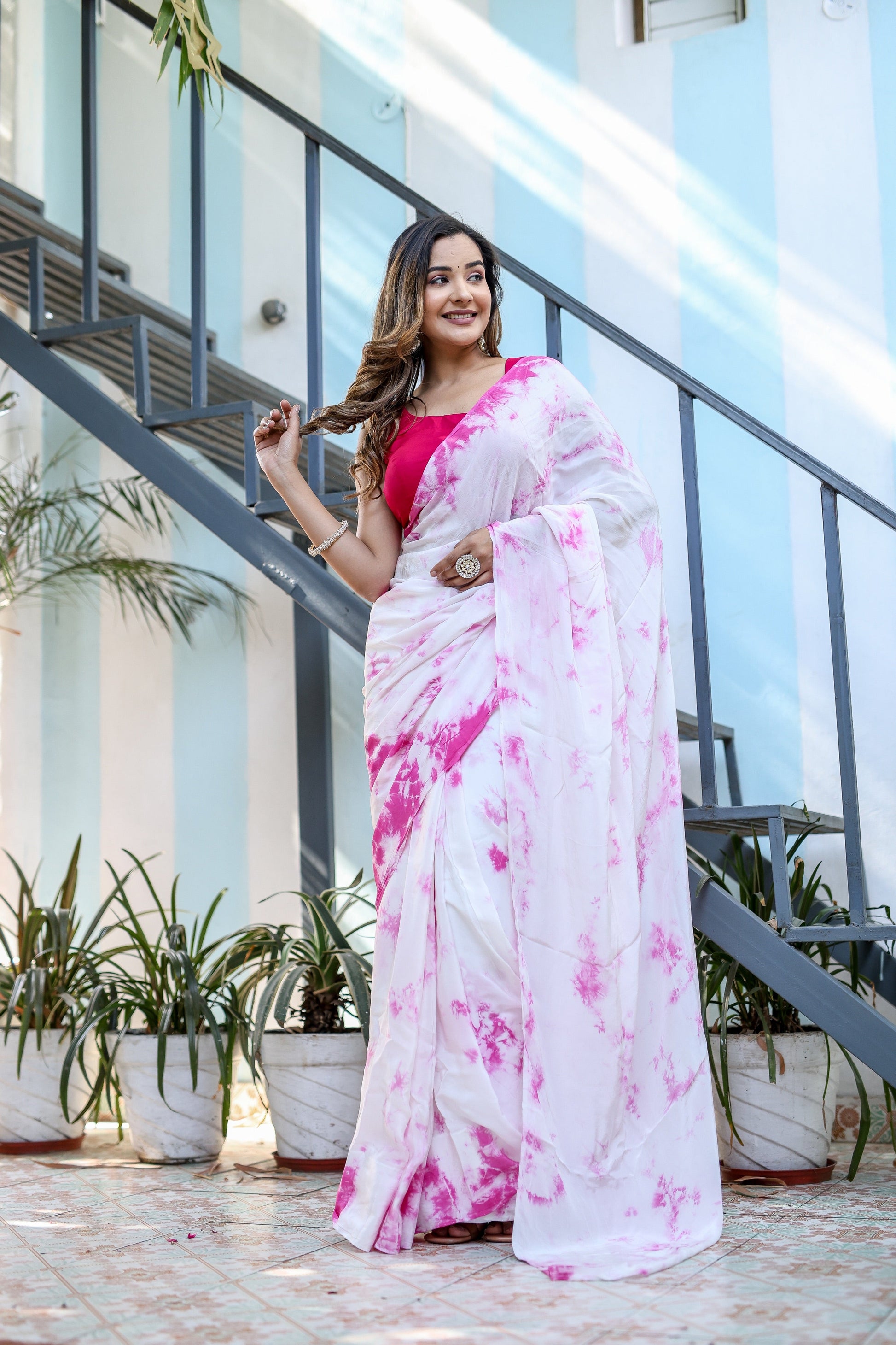 Stunning Pink Shibori Hand Dyed Saree Abstract