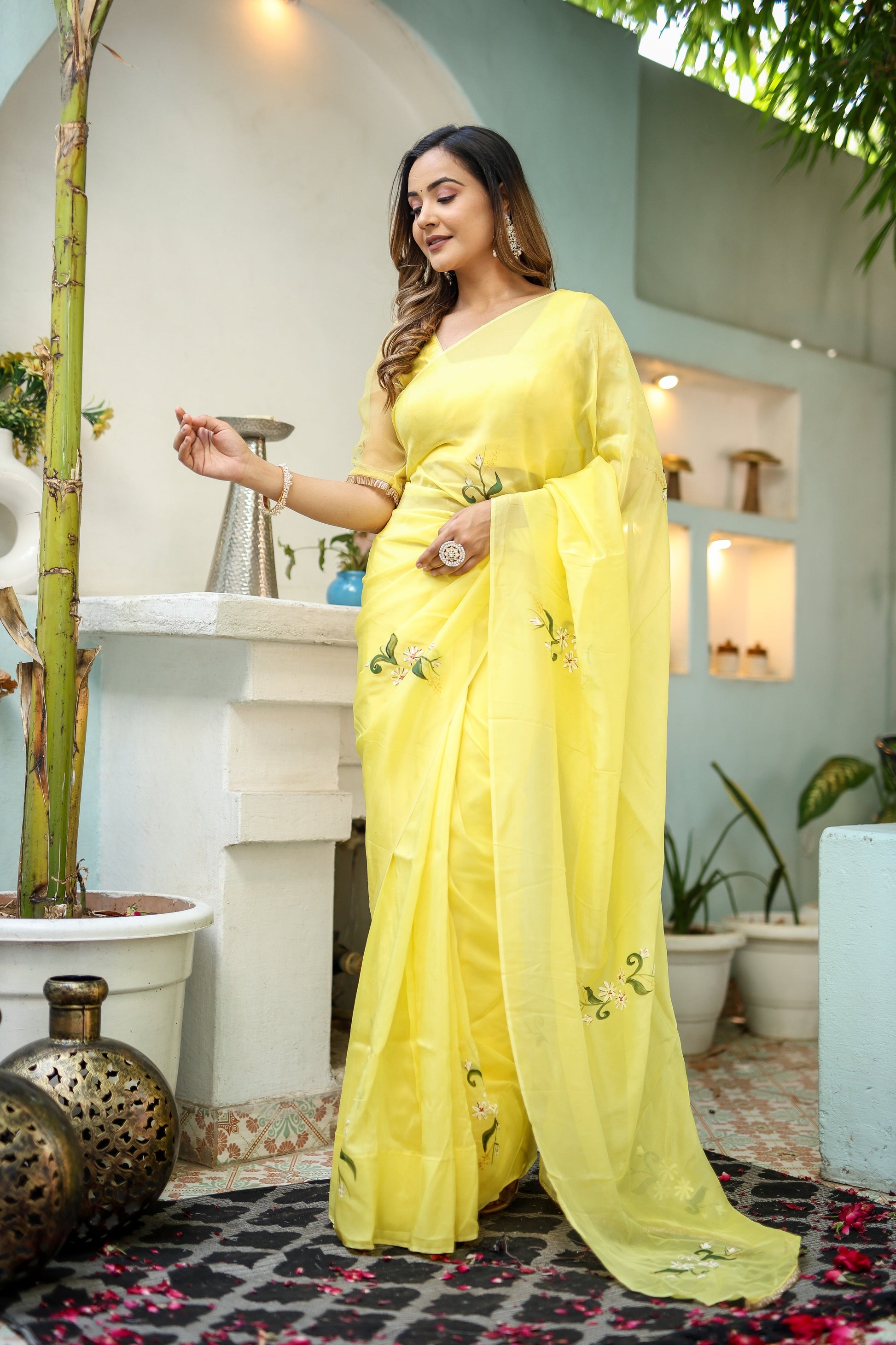 Artistic Yellow Silk Organza Handpainted Saree Floral