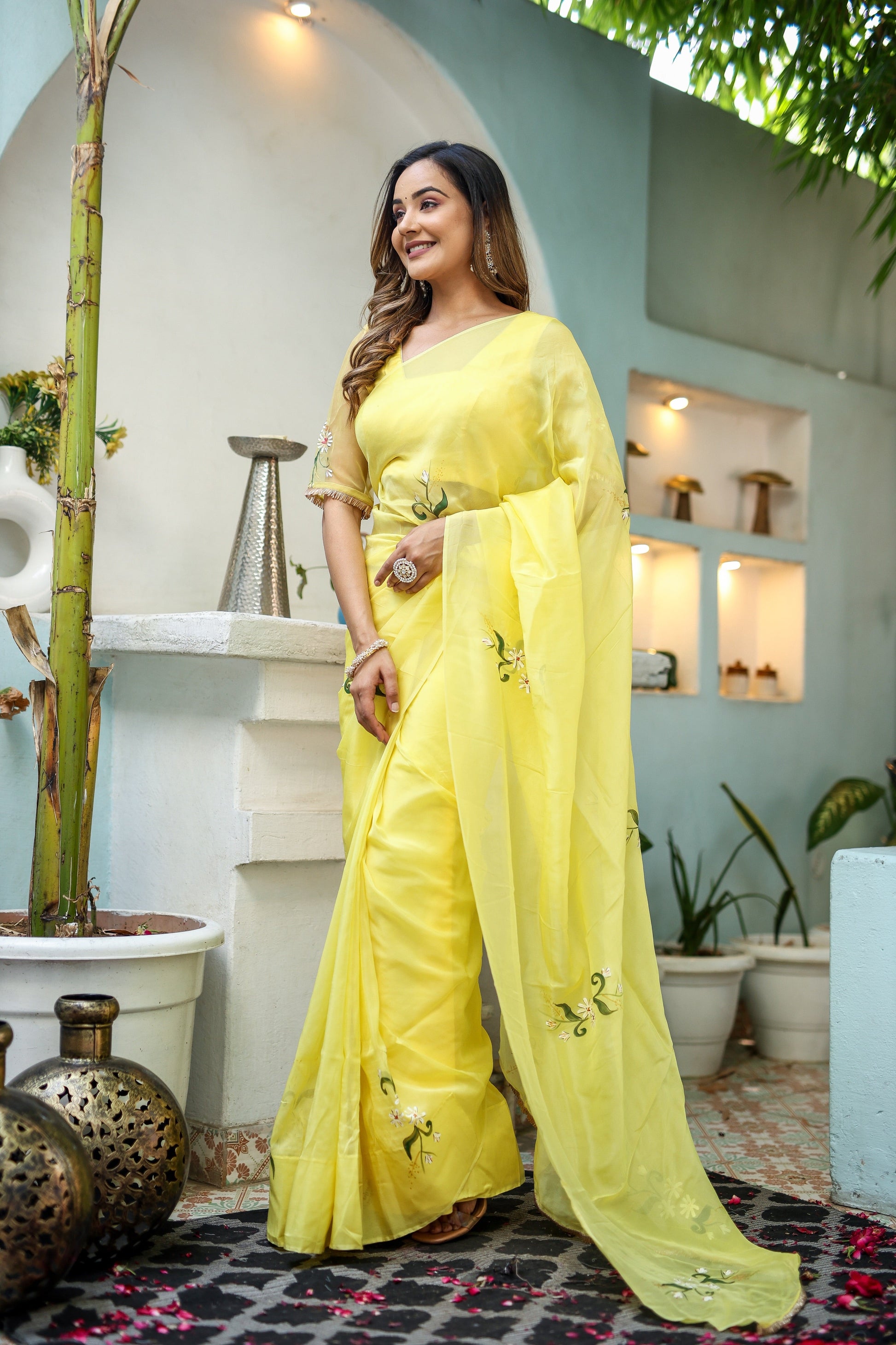 Artistic Yellow Silk Organza Handpainted Saree Floral