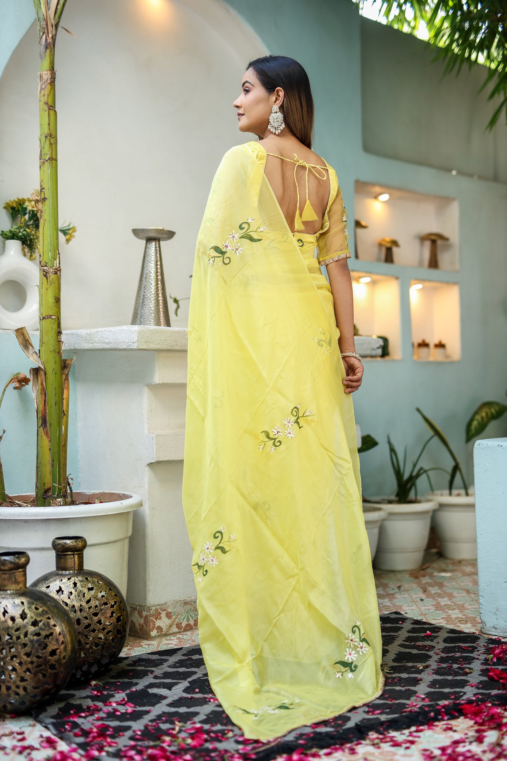 Artistic Yellow Silk Organza Handpainted Saree Floral