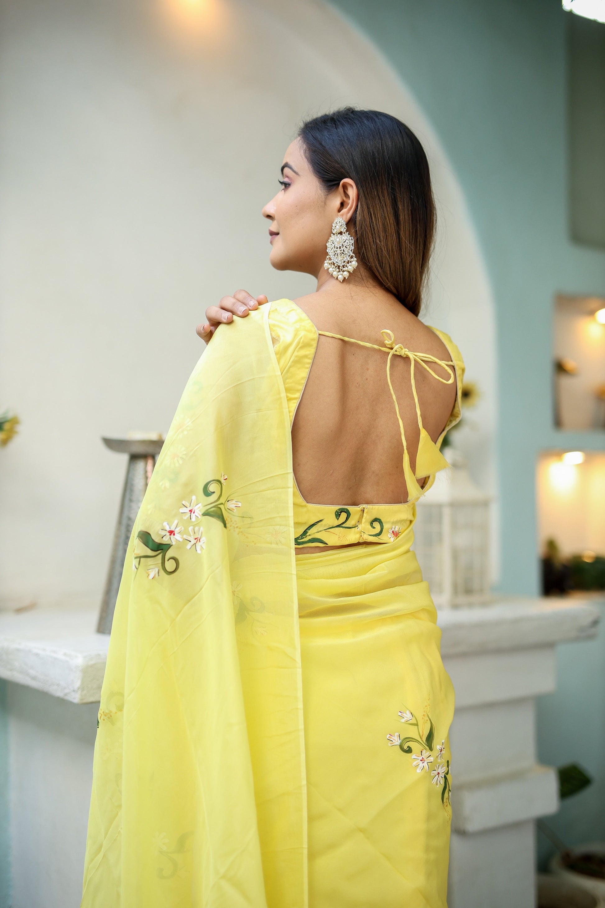 Artistic Yellow Silk Organza Handpainted Saree Floral