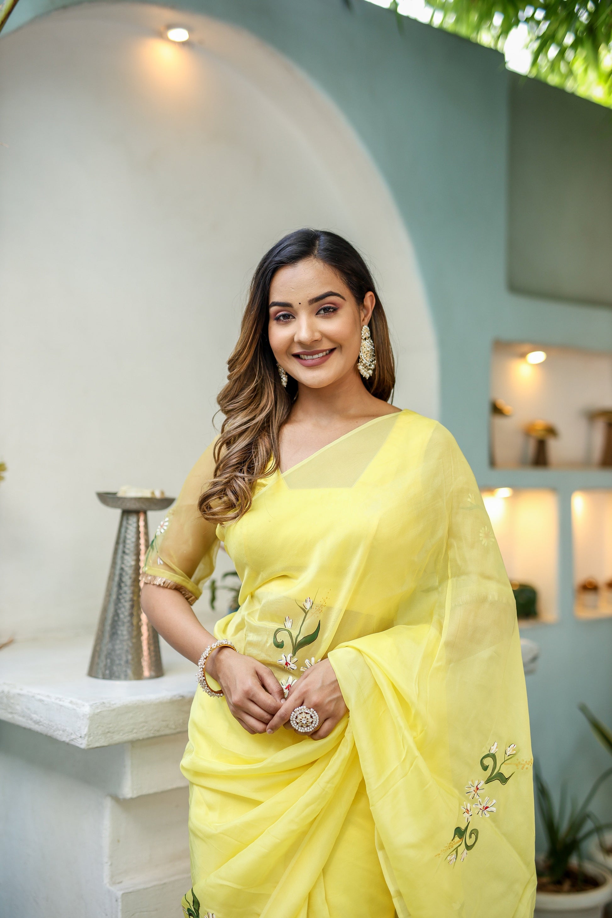Artistic Yellow Silk Organza Handpainted Saree Floral