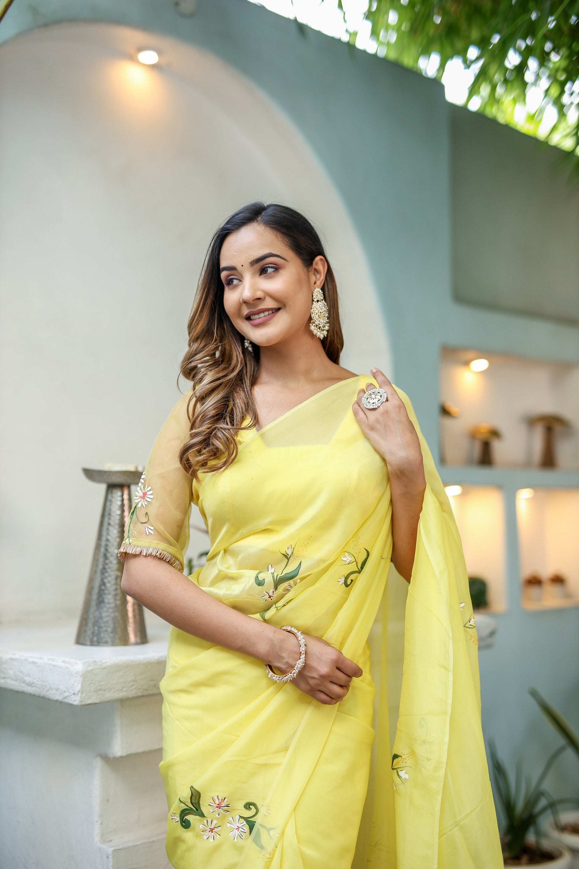 Artistic Yellow Silk Organza Handpainted Saree Floral