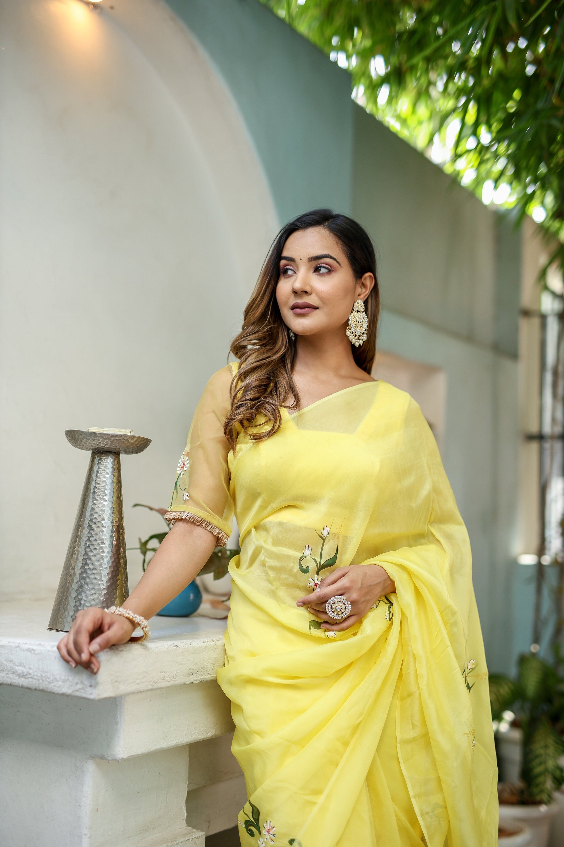 Artistic Yellow Silk Organza Handpainted Saree Floral