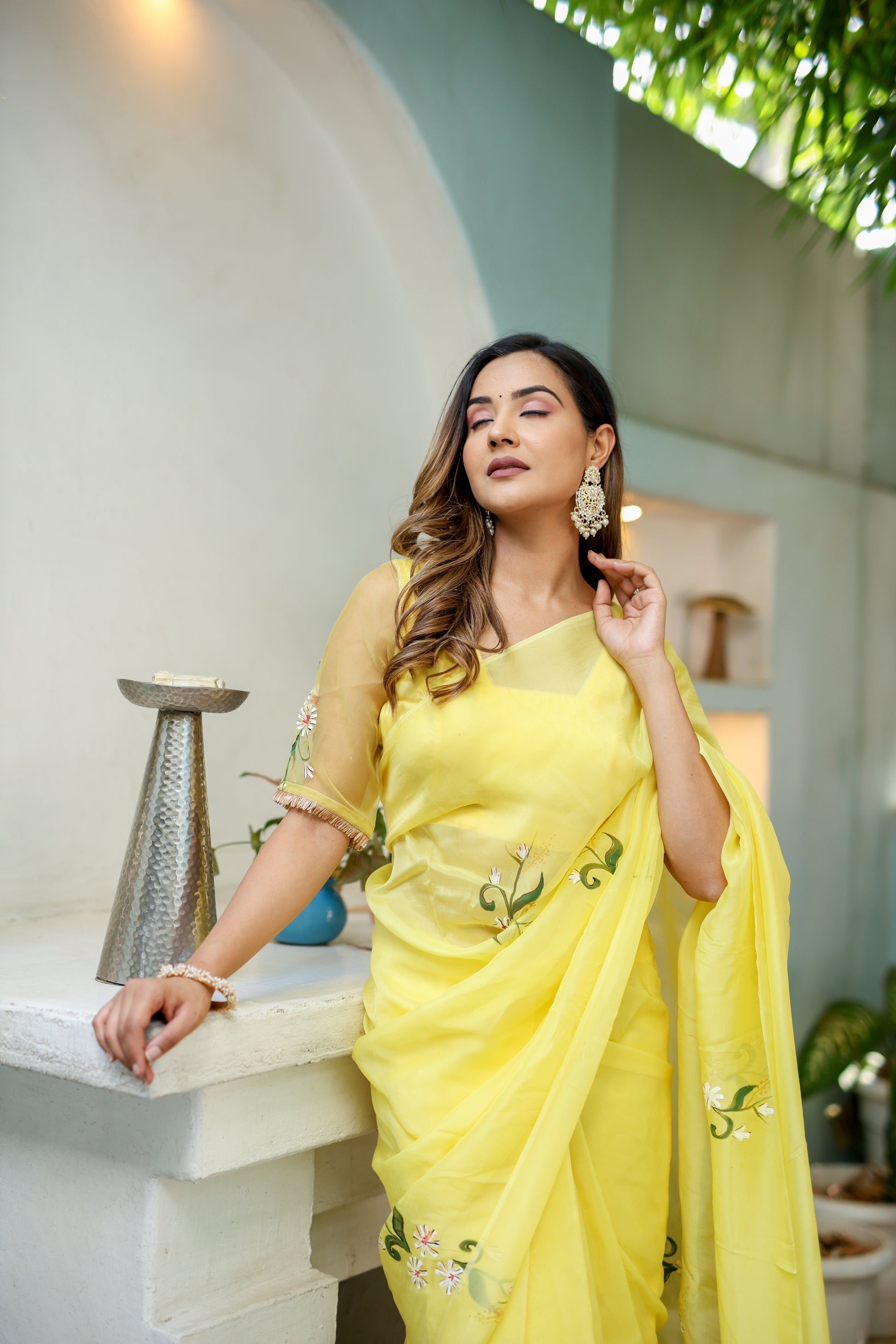 Artistic Yellow Silk Organza Handpainted Saree Floral