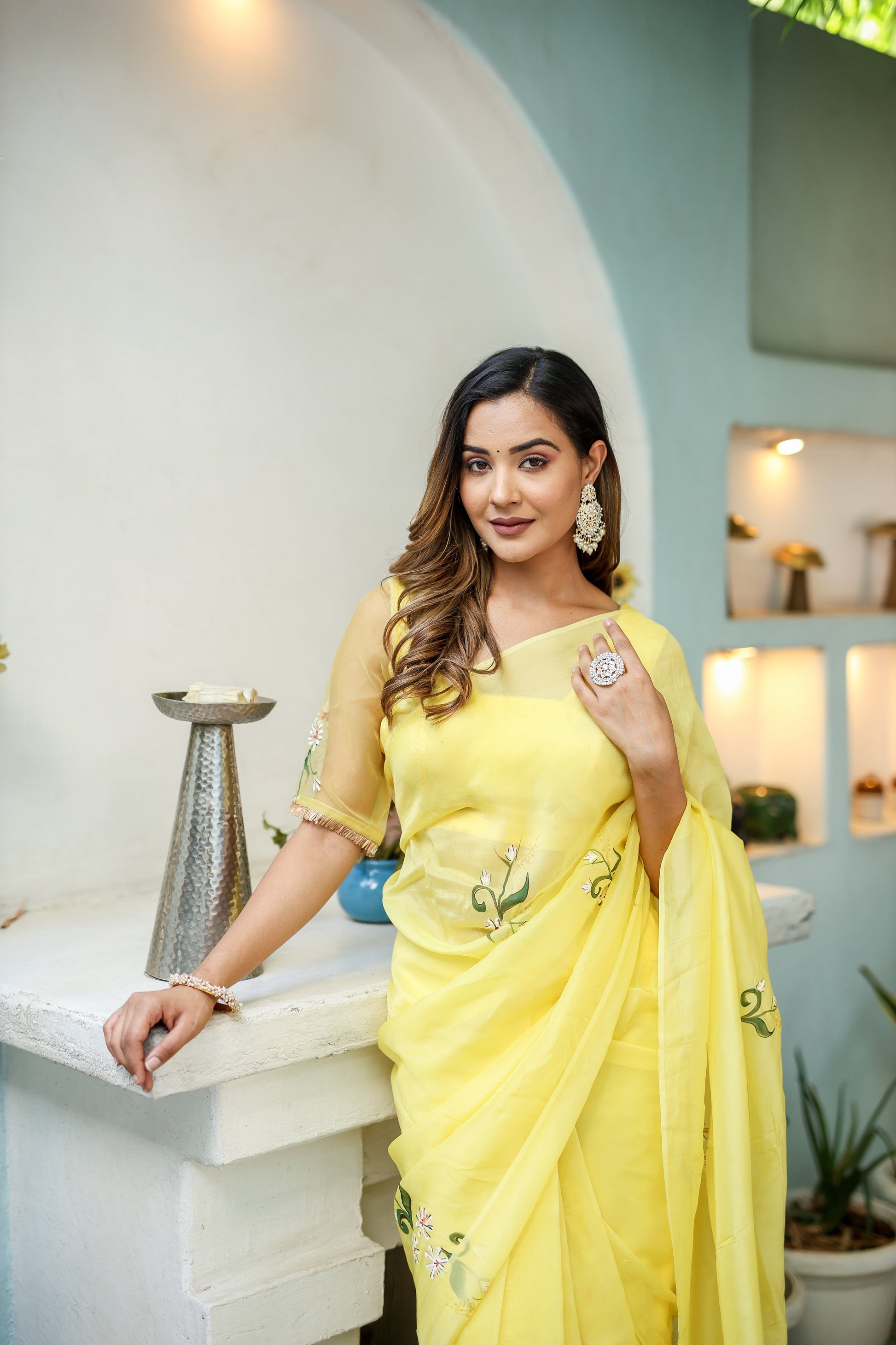 Artistic Yellow Silk Organza Handpainted Saree Floral