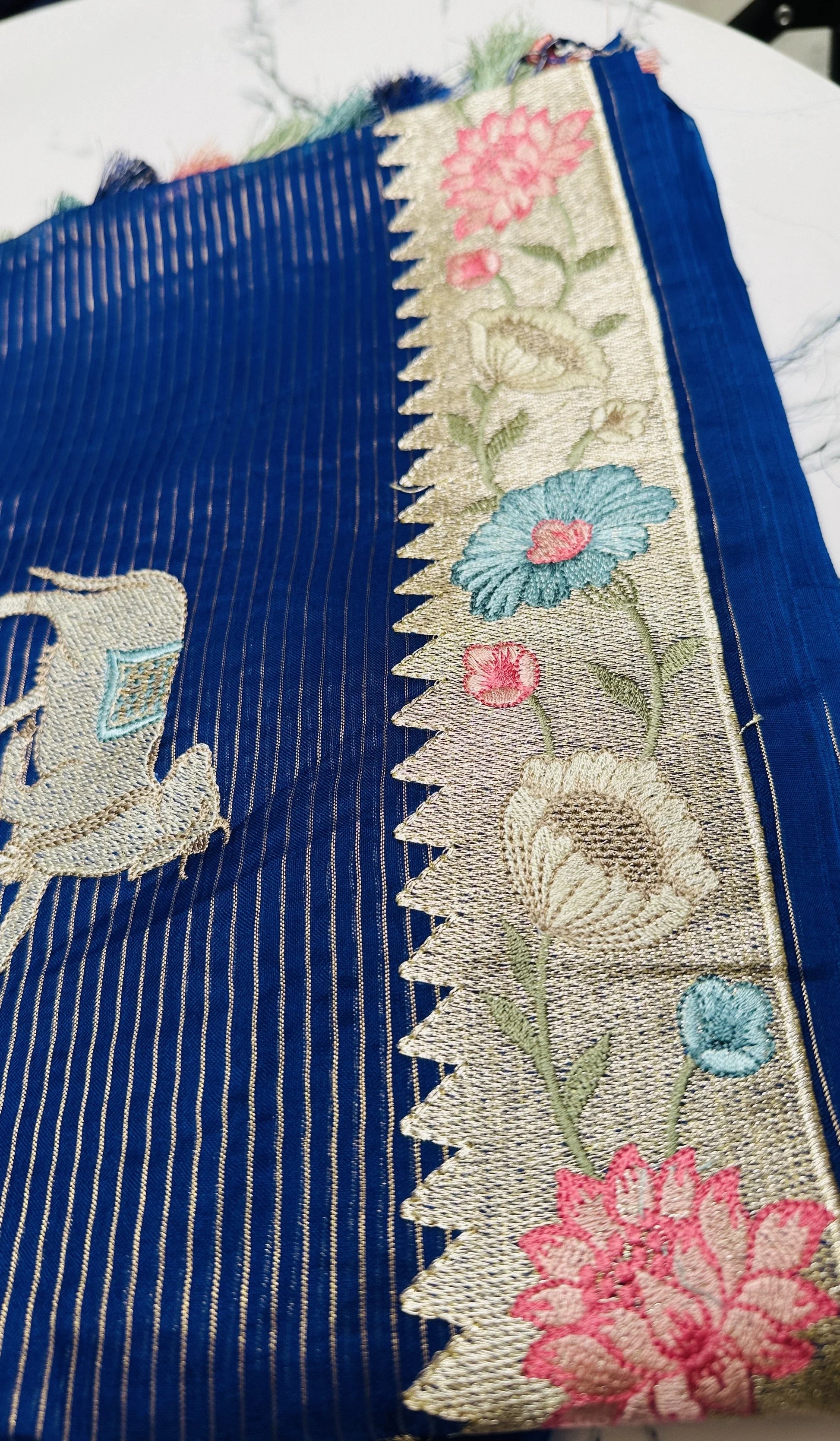 Exquisite Dark Blue Organza Lines Floral Embroidery Saree