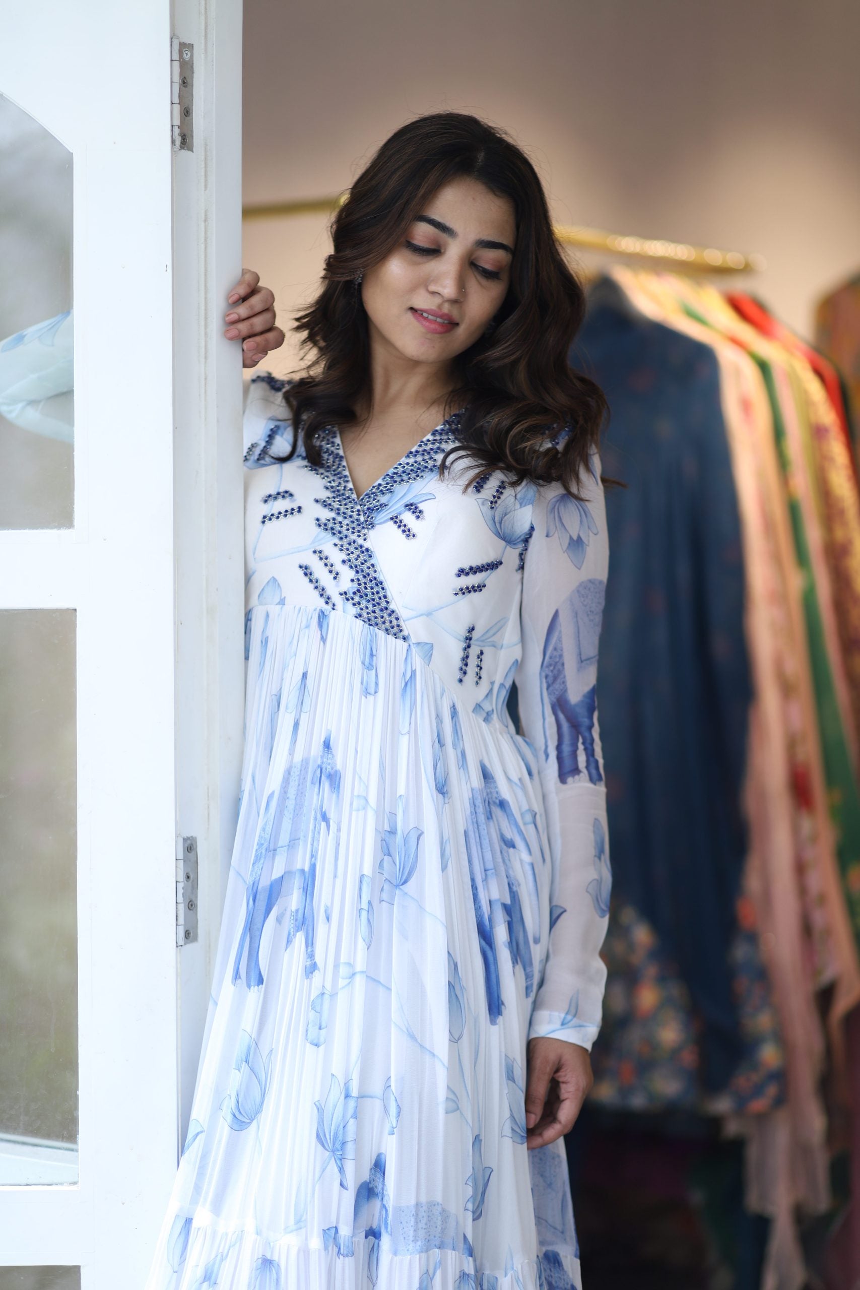 Whimsical Sky Blue White Georgette Gown Elephant Floral Motifs