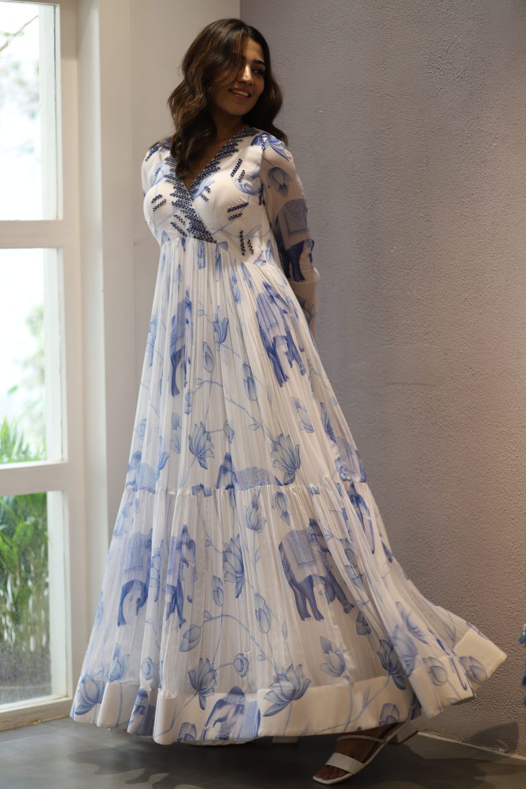 Whimsical Sky Blue White Georgette Gown Elephant Floral Motifs